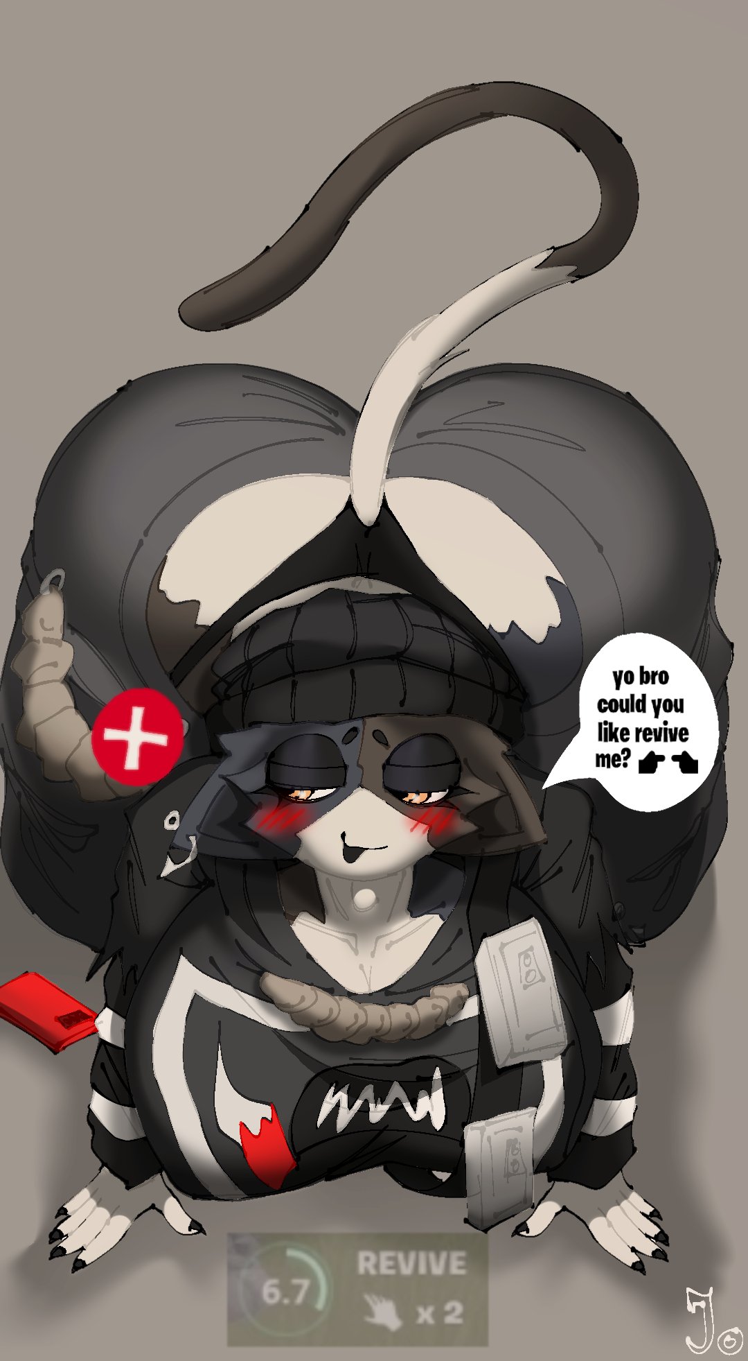 anthro, anthro only, arched back, ass cleavage, baggy clothing, big breasts, black panties, blushing female, calico cat, ears down, fortnite, furry female, meow skulls (fortnite), submissive female, thong panties, tomboy, what do i type