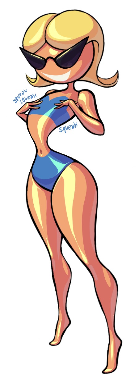 1girls, bikini, blonde, blonde hair, disney, female, flat chest, knick knack, large hips, noonun, onomatopoeia, pixar, plastic, short hair, smiling, smooth skin, sunglasses, sunny miami, thin waist, wide hips