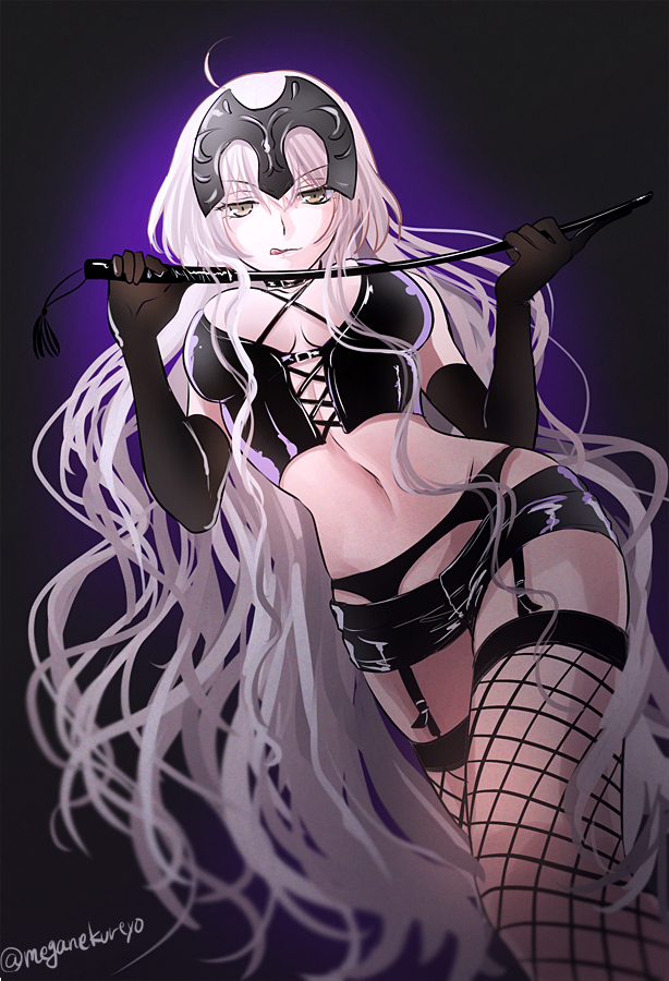 abs, alternate costume, black gloves, black skirt, breasts, cleavage, dark persona, dominatrix, elbow gloves, fate (series), fate/grand order, female, female only, fishnet legwear, fishnets, garter belt, gloves, groin, headpiece, jeanne alter, large breasts, licking lips, lingerie, long hair, looking at viewer, microskirt, riding crop, skin tight, skirt, solo, sushimaro, text, tongue, tongue out, twitter username, underwear, very long hair, watermark, whip, white hair, wide hips, yellow eyes