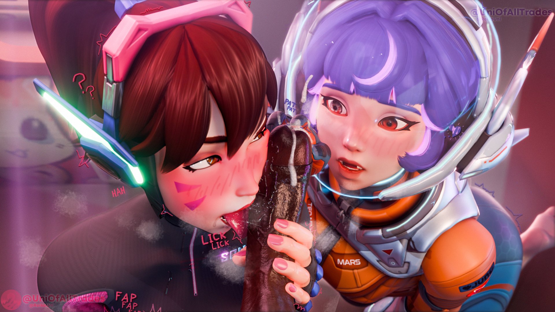1boy, 2girls, 3d, blush, cum, d.va, dark skin, dark-skinned male, english text, female, interracial, juno (overwatch), leaking precum, licking penis, light skin, light-skinned female, male, oral, oral sex, overwatch, penis, text, uni reiko (artist), uniofalltrades