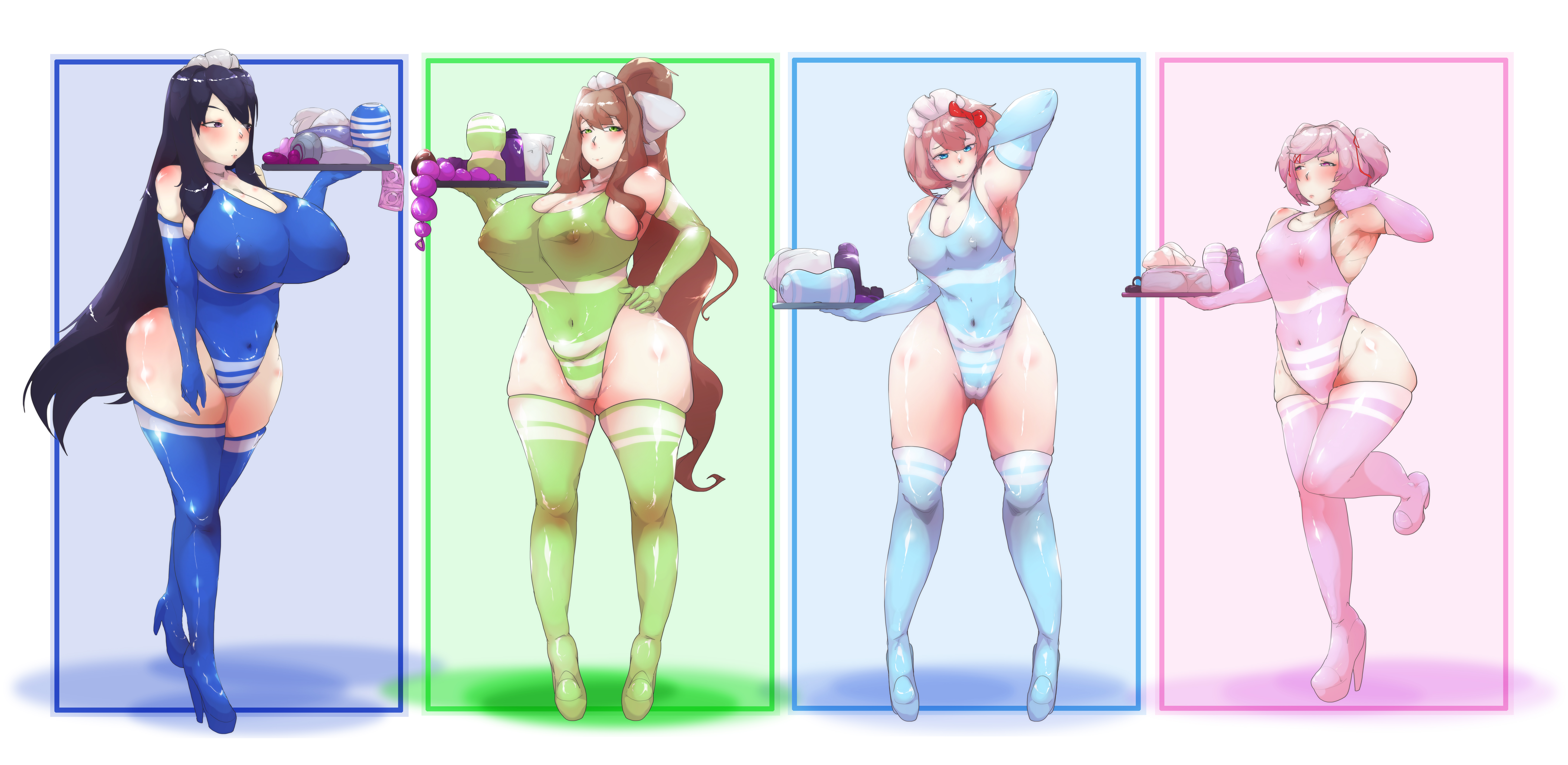 4girls, aryawhatuask, doki doki literature club, huge breasts, looking at viewer, monika (doki doki literature club), natsuki (doki doki literature club), nipple bulge, sayori (doki doki literature club), small breasts, tenga, tenga outfit, yuri (doki doki literature club)