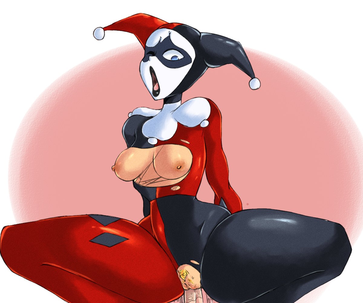 2024, 2d, batman (series), batman: the animated series, black lipstick, blonde pubic hair, blue eyes, breasts, breasts out, color, dc animated universe, dc comics, domino mask, facepaint, female, female focus, harley quinn, harley quinn (classic), harley quinn (dcau), headgear, jester hat, nipples, one eye closed, open mouth, partially clothed, penetration, penis, princesskari, pubic hair, pussy, pussy juice, pussy juice drip, ripped clothing, sex, spread legs, the new batman adventures, thick thighs, torn clothes, vaginal penetration