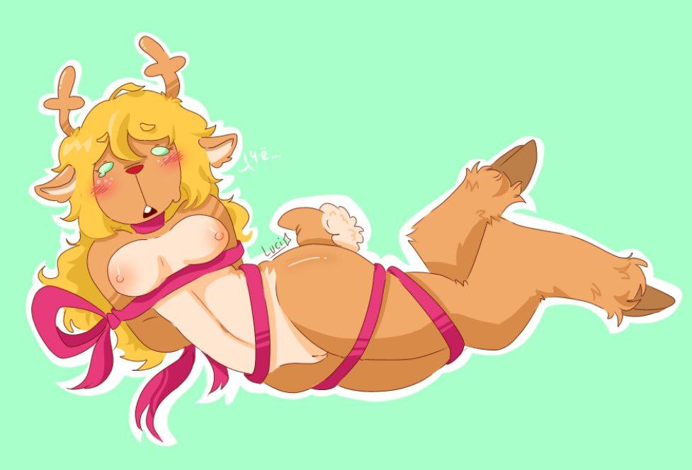 1female, 1girl, 1girls, blonde female, blonde hair, blushed, christmas wrapped, deer, deer girl, deltarune, embarrassed, embarrassed expression, embarrassed female, female only, gift wrapped, hooves, luci star, noelle holiday, only female, tail, watermark