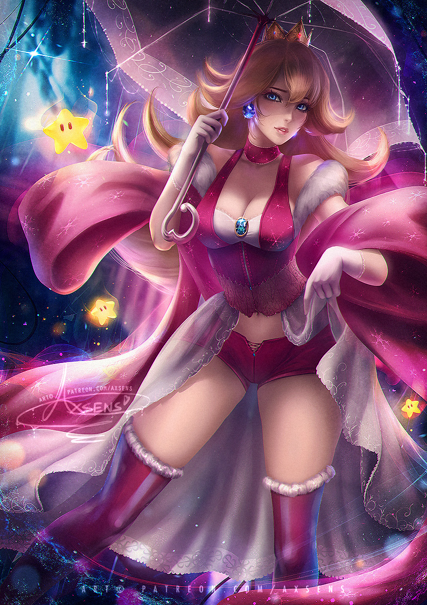 1girls, axsens, blonde, blonde female, blonde hair, breasts, cleavage, clothing, crown, dress, earrings, female, female only, gloves, human, jewelry, legwear, long hair, looking at viewer, mario (series), nintendo, princess peach, solo, standing, super mario bros., thick thighs, thighhighs, thighs, umbrella, white gloves