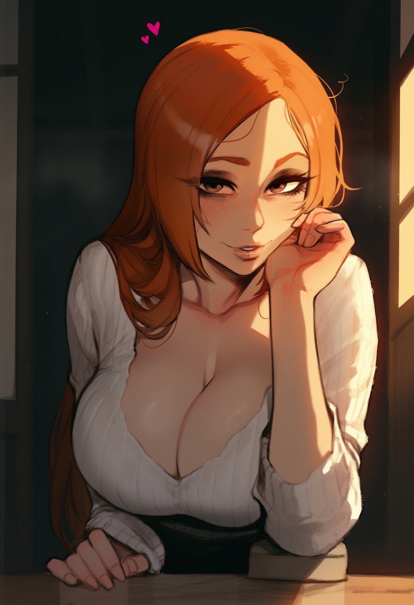 1girls ai_generated big_breasts bleach bleach:_the_thousand-year_blood_war breasts_squeezed_together cleavage hanasen huge_breasts inoue_orihime large_breasts looking_at_viewer mature mature_female milf naughty_face orihime_inoue solo sweater