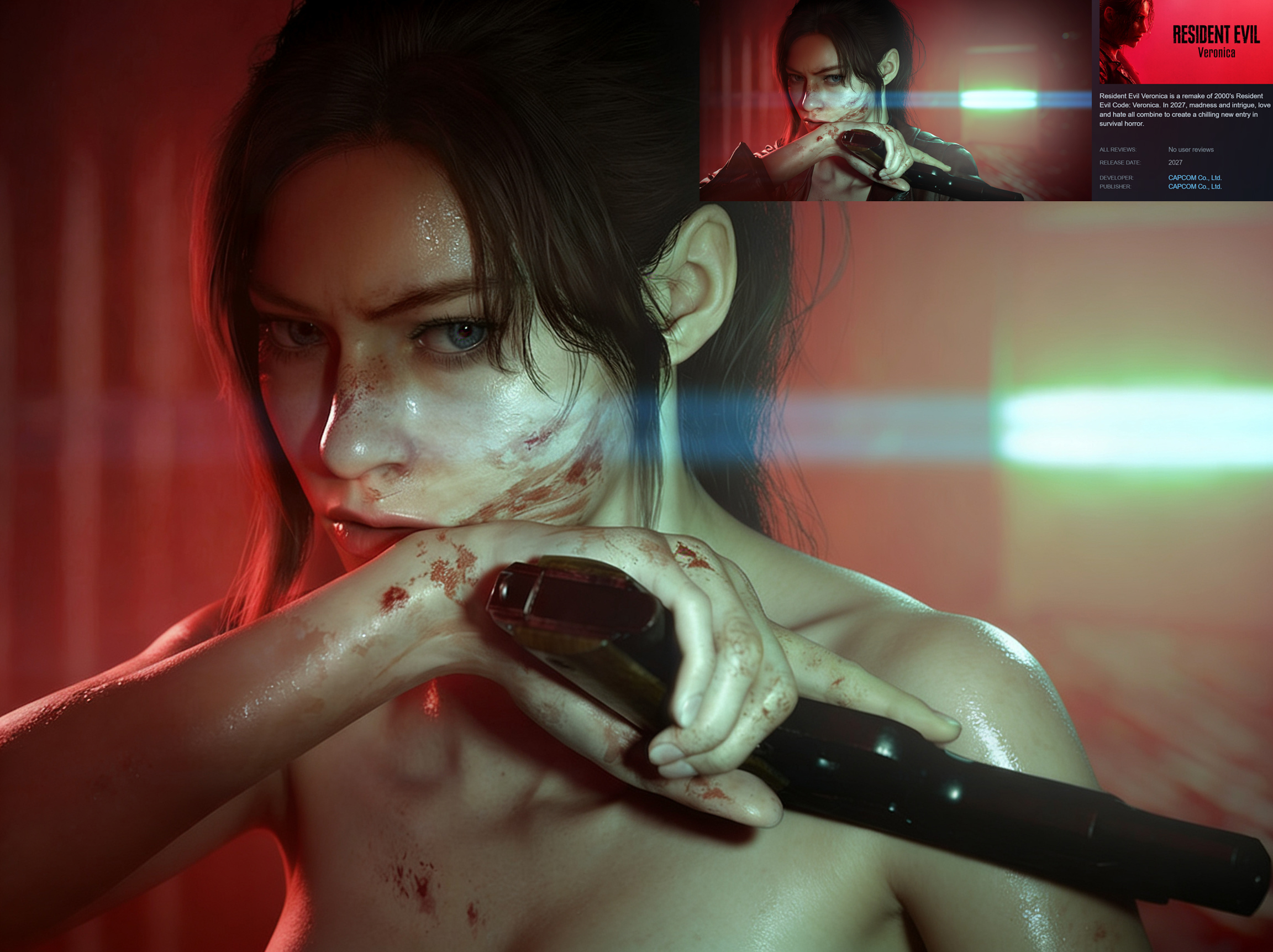 1girls, breasts, capcom, claire redfield, claire redfield (jordan mcewen), female, gun, nude, nude edit, nude female, reference image, resident evil, resident evil code veronica, screencap, steam (software)