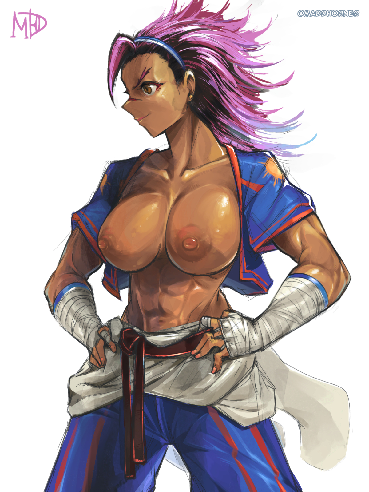first porn of character, half naked, large breasts, madd horner, street fighter, street fighter 6, tanned, yasmine (street fighter)