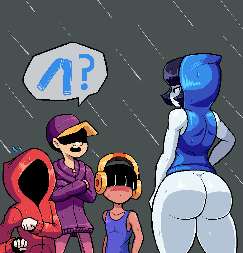 3boys, ass, big ass, big butt, bottomless, female, flood warning (valmar), headphones, larger female, male, original, personification, smaller male, sweater, valmar, white skin