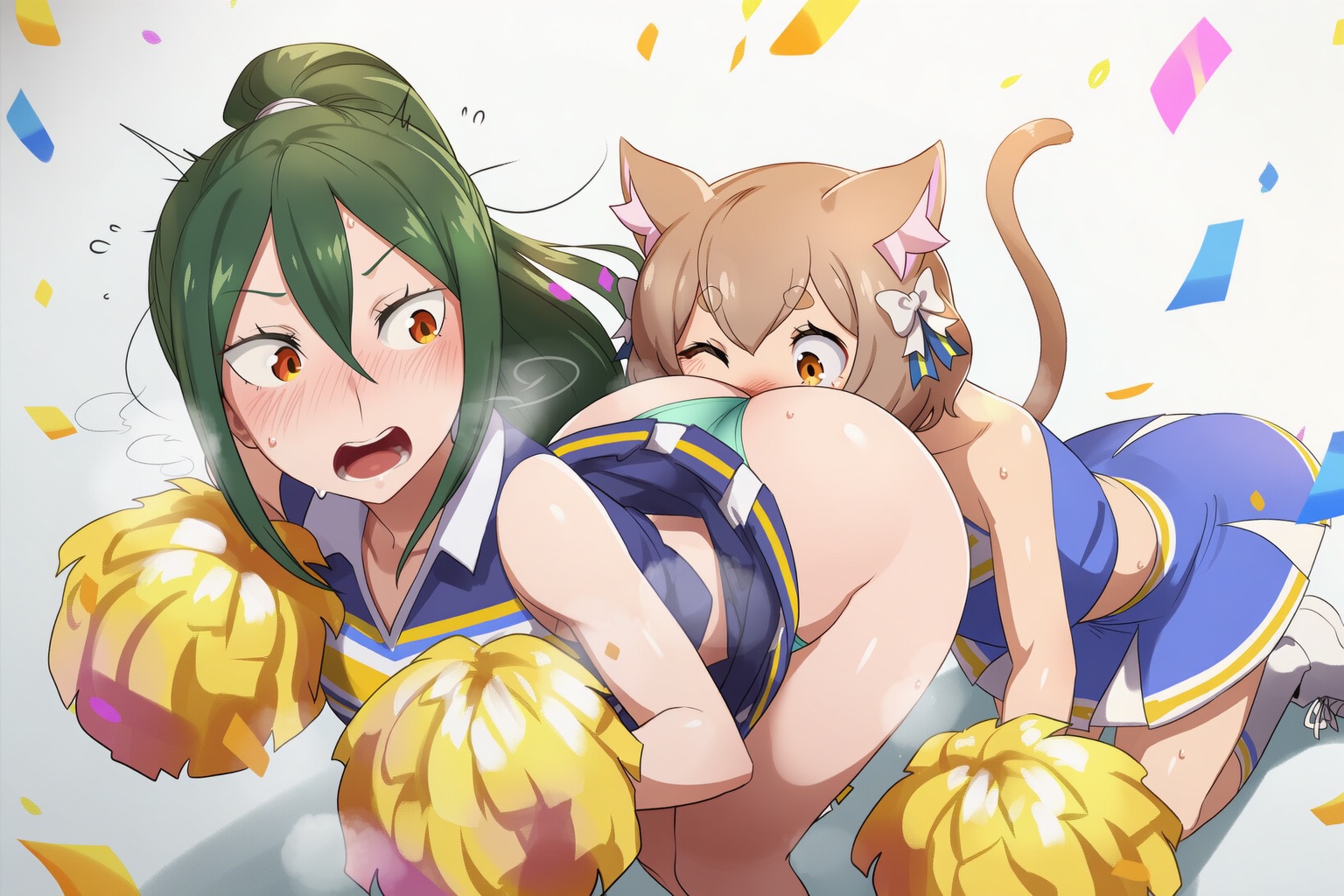 1boy, ai generated, animal ears, butt sniffing, cat ears, cat tail, cheerleader, cheerleader uniform, crossdressing, crusch karsten, face in ass, facesitting, felix argyle, femboy, femdom, green hair, male focus, naticai, panties, ponytail, re:zero kara hajimeru isekai seikatsu, short brown hair, submissive male, trap, yellow eyes