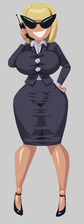 balls, big breasts, blonde, blonde hair, breasts, bulge, business suit, clothed, dickgirl, disney, female, futa only, futanari, high heels, intersex, knick knack, large hips, noonun, office lady, phone, pixar, shoes, short hair, smiling, sunglasses, sunny miami, testicles, thin waist, wide hips