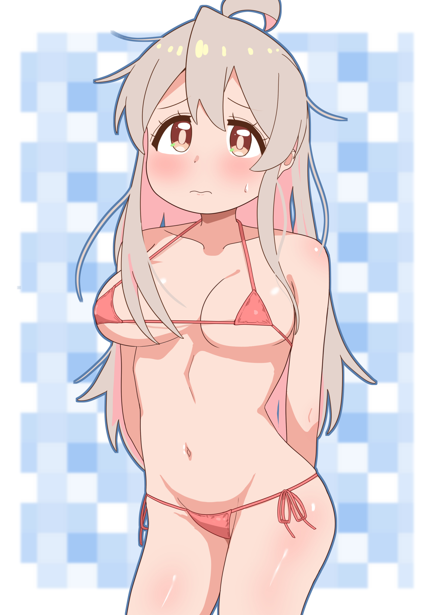 arms behind back, blush, closed mouth, large breasts, micro bikini, nervous, onii-chan wa oshimai!, oyama mahiro, pink bikini, sweatdrop, thick thighs, wavy mouth, wide hips