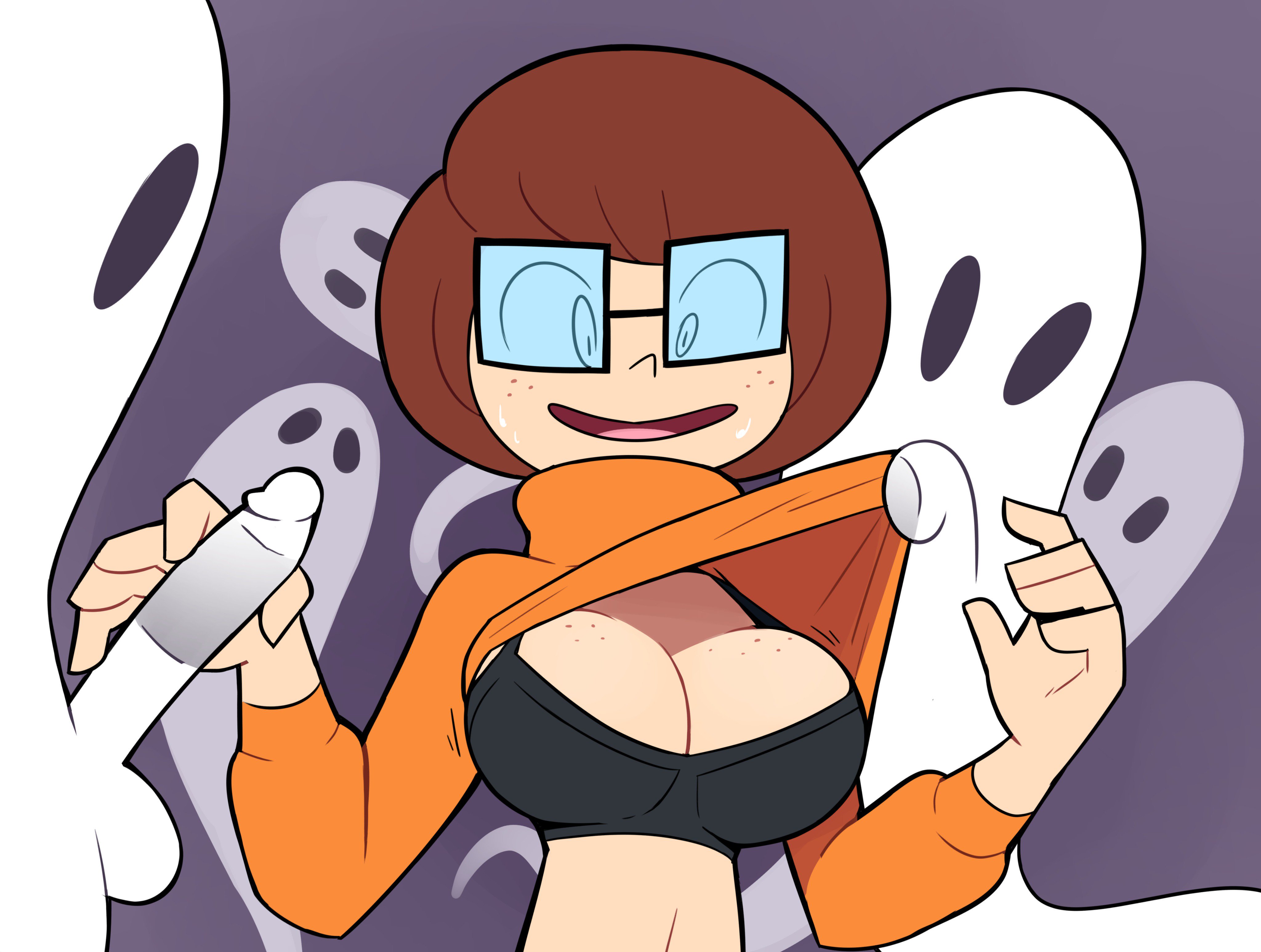 1boy, 1girls, 2018, ambiguous gender, bald, balls, big breasts, black eyes, bra, breasts, brown hair, female, freckles, from behind, ghost, glasses, handjob, human, interspecies, large breasts, male, miscon, penis, scooby-doo, shirt, shirt lift, source request, straight, sweater, testicles, velma dinkley