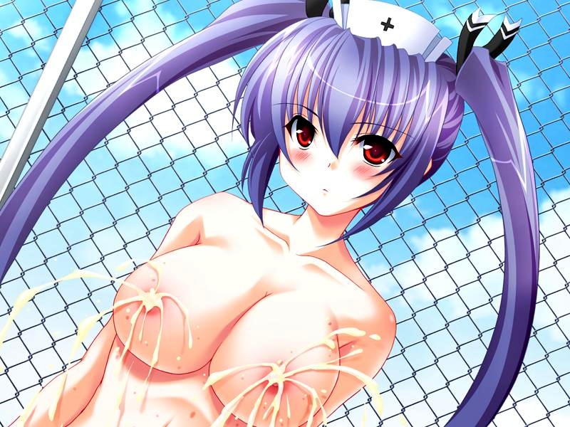 blush breasts cc_hospital chainlink_fence expressionless fence game_cg kooh lactation long_hair mayuzumi_alisa nipples outdoors pangya purple_hair red_eyes sky tied_hair topless twintails yama_bikko