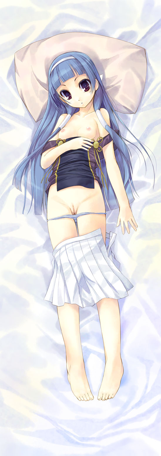 1girls barefoot blue_hair blunt_bangs breasts clothing dakimakura_design feet female female_only hairband highres kannagi kirishima_satoshi long_hair lying nagi nagi_(kannagi) nipples panties panty_pull purple_eyes pussy shirt shirt_pull skirt skirt_pull small_breasts solo striped striped_panties thigh_gap uncensored underwear