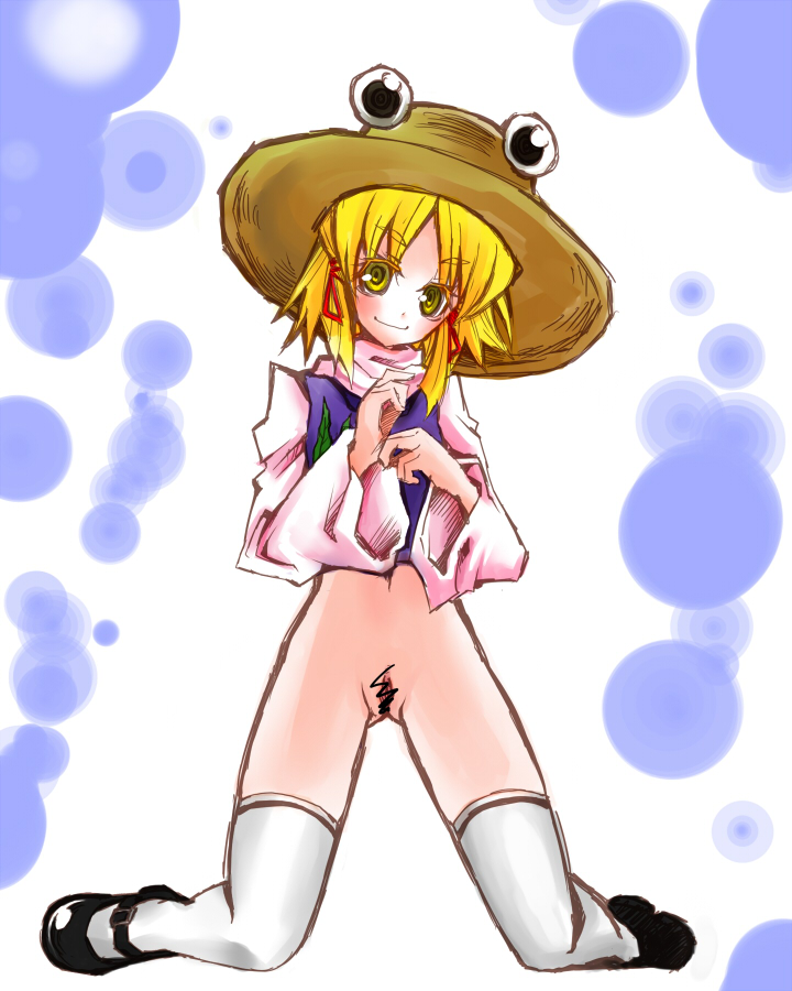 blonde_hair female mary_janes shaved_pussy smile solo stockings straw_hat suwako_moriya taiti touhou yellow_eyes