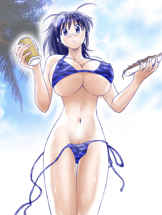 1girls aki_hinata bikini bikini_malfunction blue_eyes blue_hair breasts censored female food glasses huge_breasts keroro_gunsou maeda_sengoku milf navel noodles pince-nez pussy side-tie_bikini solo swimsuit underboob wardrobe_malfunction