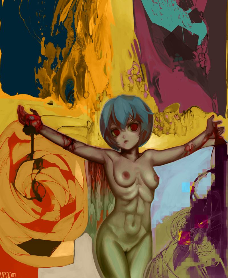 1girls artistic_nude blood breasts crucifixion female female_only muscle nailed_to_cross neon_genesis_evangelion nude painting_(artwork) pussy rei_ayanami skinny small_breasts solo straight_hair uponthoufaircat