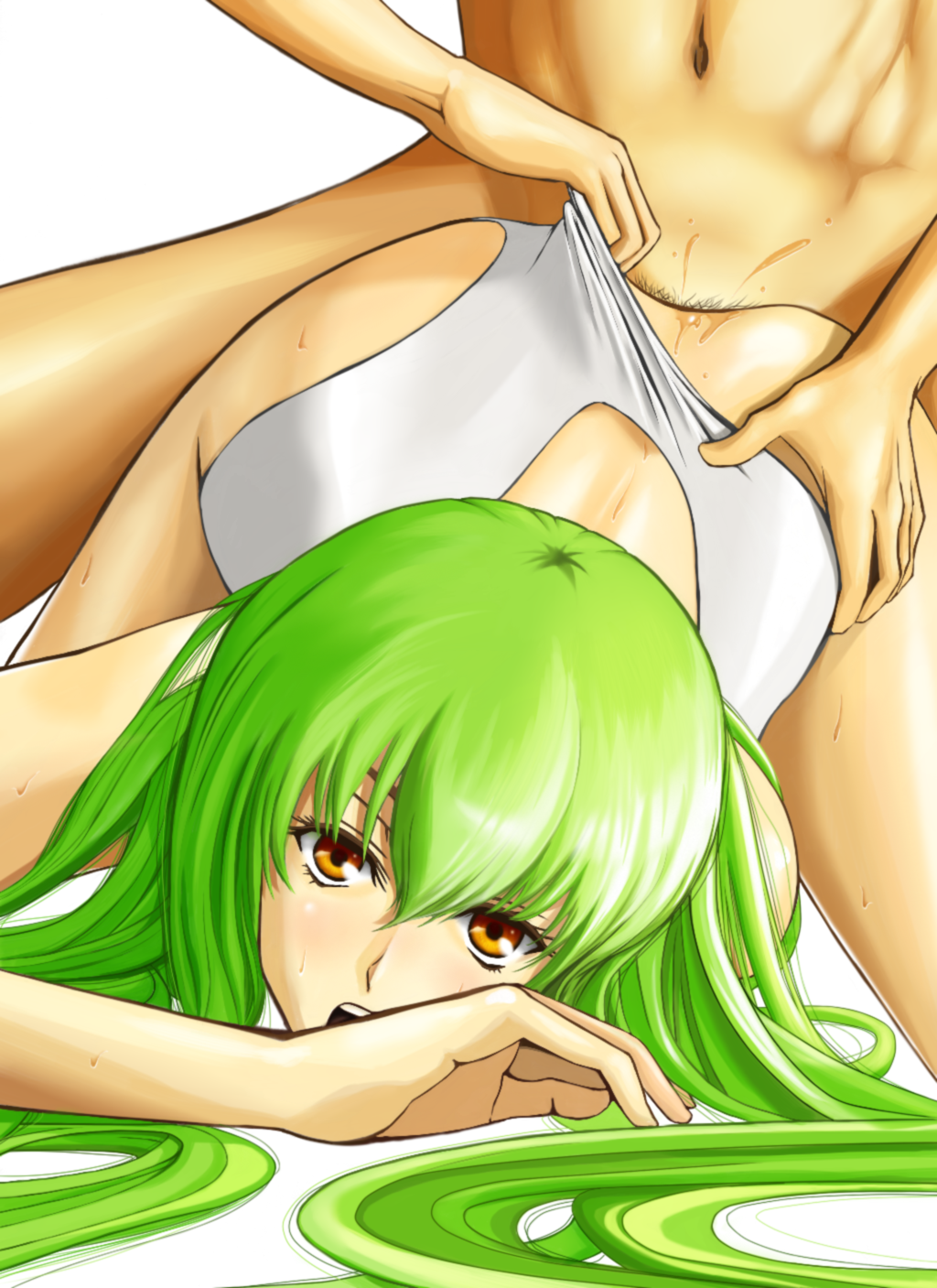 blush c.c. code_geass female from_behind green_hair highres hyper_heiki leotard leotard_aside long_hair open_mouth pubic_hair rape scream screaming sex top-down_bottom-up yellow_eyes