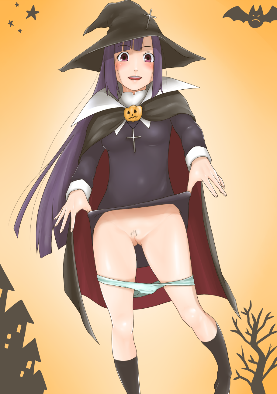 1girls cape clothing cross dress dress_lift female female_only hat hentai_oyaji highres kannagi long_hair panties panty_pull pubic_hair pumpkin purple_hair pussy solo uncensored underwear very_long_hair witch_hat zange