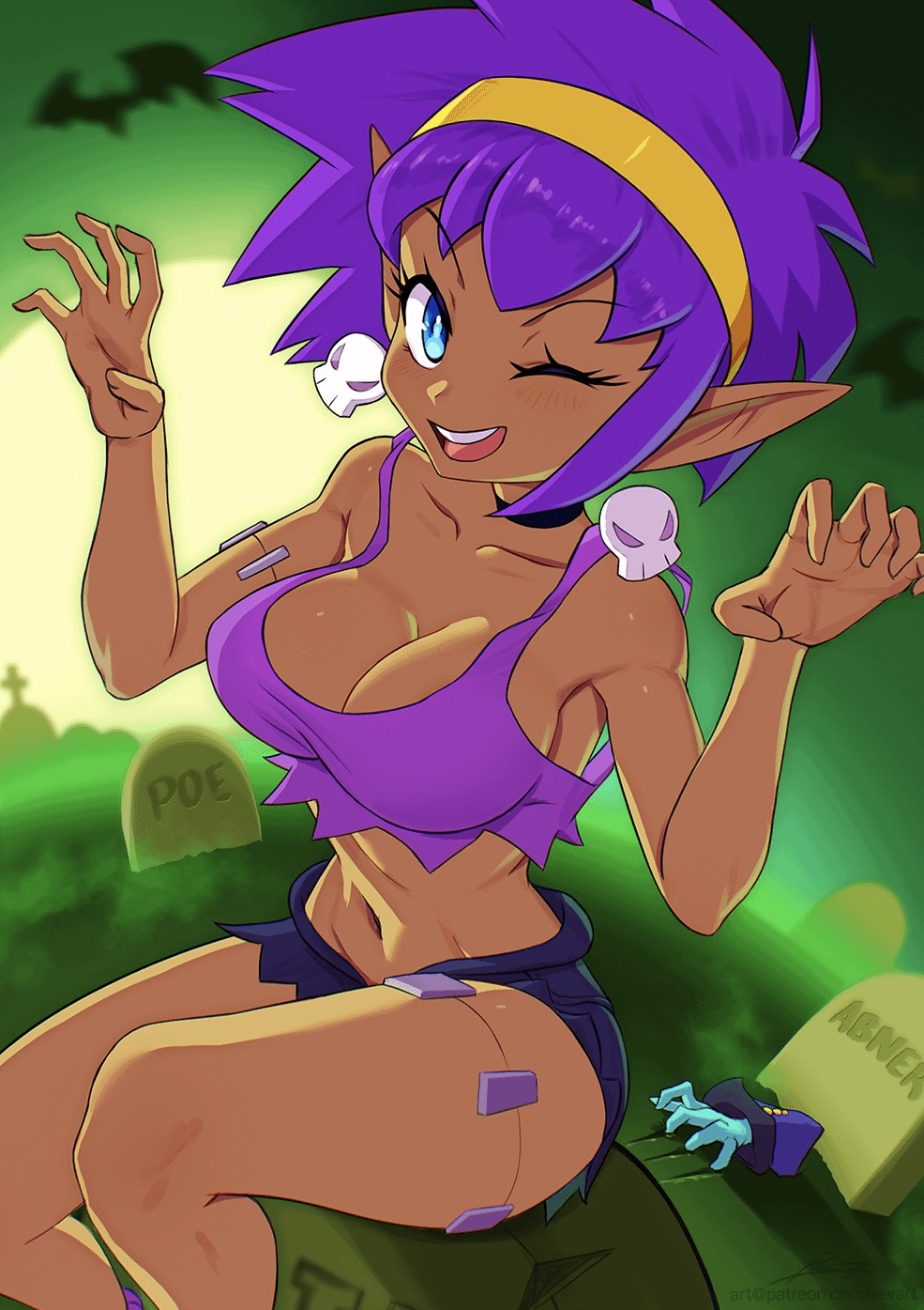 breasts, clothed, cosplay, crop top, earrings, female, midriff, purple hair, revenantart, rottytops, rottytops (cosplay), shantae, shantae (character), shorts, smile, smooth skin, solo, solo female, tan skin, wink, winking, zombie