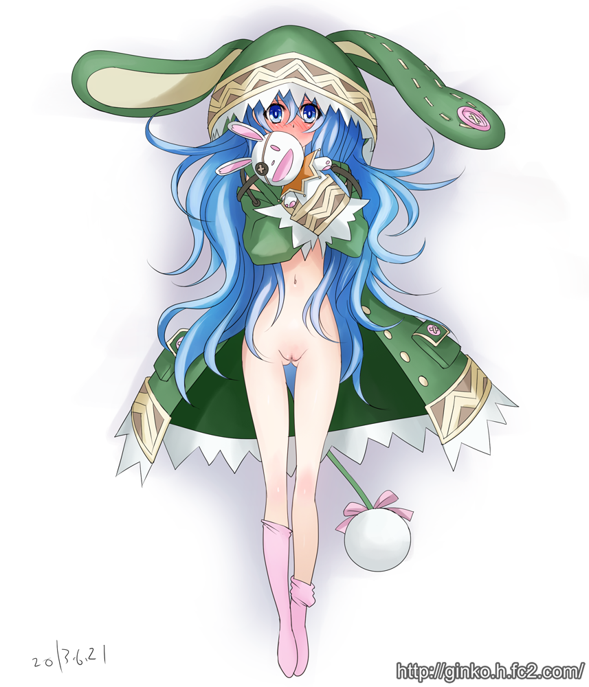 alternate_hair_length alternate_hairstyle animal_ears blue_eyes blue_hair blush bunny bunny_ears date_a_live female ginko_(silver_fox) hand_puppet himekawa_yoshino hood kneehighs long_hair long_sleeves navel puppet pussy solo uncensored very_long_hair yoshinon