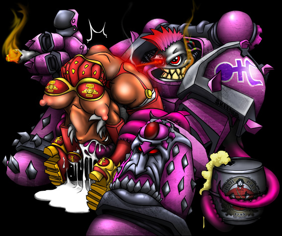 1boy 1girls adepta_sororitas arched_back beer breasts chaos_(warhammer) chaos_space_marine cigarette cum cum_in_mouth deepthroat emperors_children female garter_belt grin imperium_of_man large_breasts laser nipples noise_marine oral power_armor rape restrained sister_of_battle skeenlangly slaanesh smile straight thighhighs torture warhammer_(franchise) warhammer_40k