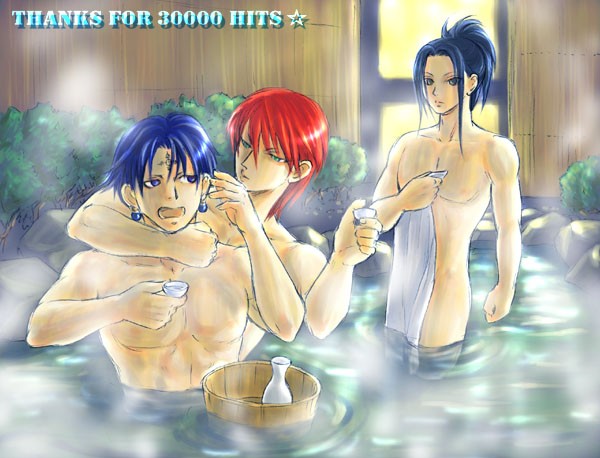 3boys black_hair chrollo_lucilfer hisoka_morow human human_only hunter_x_hunter illumi_zoldyck male male_only no_visible_genitalia onsen red_hair sake tagme towel