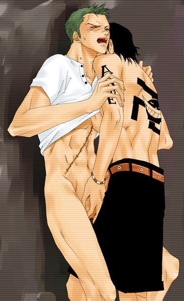 2boys against_wall cuntboy cuntboy/male gay green_hair handjob intersex male male_only multiple_boys one_piece penis portgas_d_ace roronoa_zoro scar straight_hair tattoo undressing yaoi