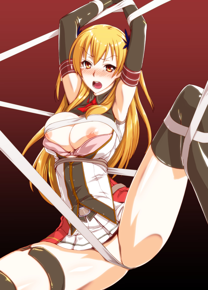 alisa_reinford arms_up blonde_hair blush bondage bondage breasts ebido eiyuu_densetsu female long_hair looking_at_viewer nipples open_mouth red_eyes sen_no_kiseki sen_no_kiseki_2 solo