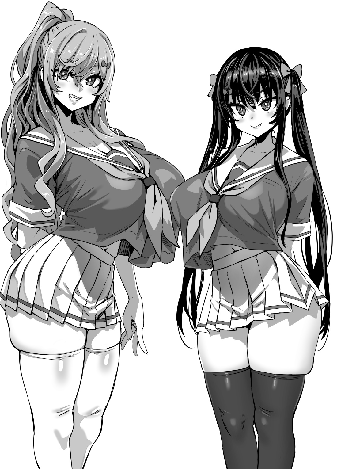 2girls, asanagi, big breasts, bimbo, breasts, fangs, female, female only, gigantic breasts, greyscale, grin, hair ribbon, highres, huge breasts, monochrome, multiple females, multiple girls, original, ponytail, ribbon, school uniform, skindentation, smile, thick thighs, thighhighs, thighs, twintails, white background