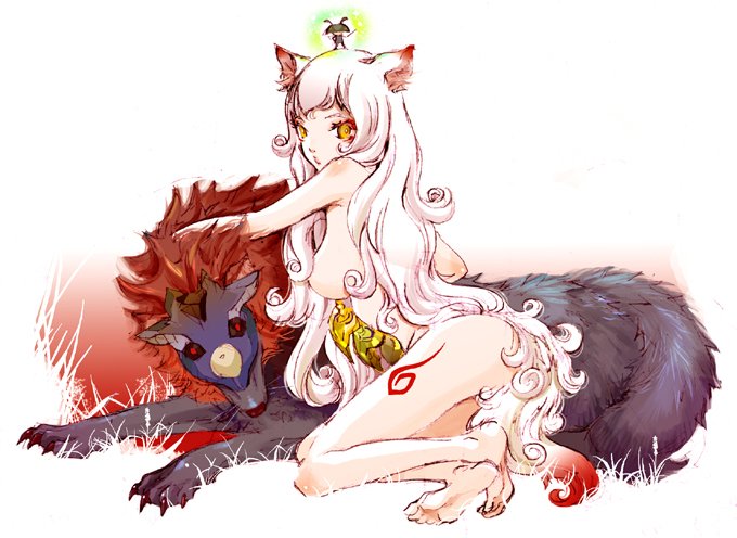 amaterasu animal_ear barefoot furry gijinka interspecies issun long_hair mo” nude okami oki_(okami) personification role_reversal tail tattoo tattoos white_hair wolf_ear