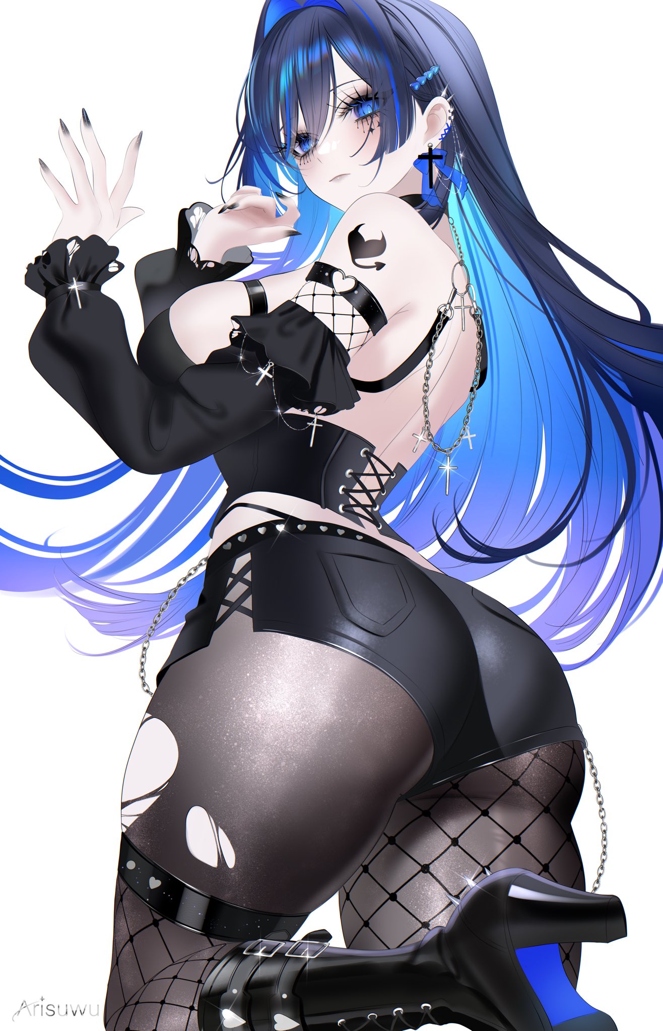 707arisu, alternate costume, ass, black boots, black nails, black pantyhose, black shorts, black sleeves, blue eyes, blue hair, boots, breasts, colored inner hair, colored shoe soles, cross, cross earrings, cross-laced clothes, cross-laced top, detached sleeves, earrings, female, fishnet pantyhose, fishnet thighhighs, fishnets, from behind, goth fashion, hair intakes, hair ornament, hairclip, hands up, heart, heart o-ring, high heel boots, high heels, highres, hololive, hololive english, hololive english -council-, hololive english -promise-, jewelry, knee boots, lace-up boots, large breasts, long hair, long sleeves, looking at viewer, looking back, multicolored hair, nail polish, o-ring, ouro kronii, pantyhose, parted bangs, short shorts, shorts, sideboob, simple background, solo, spiked ear piercing, thighhighs, thighhighs over pantyhose, torn clothes, torn pantyhose, very long hair, virtual youtuber, white background