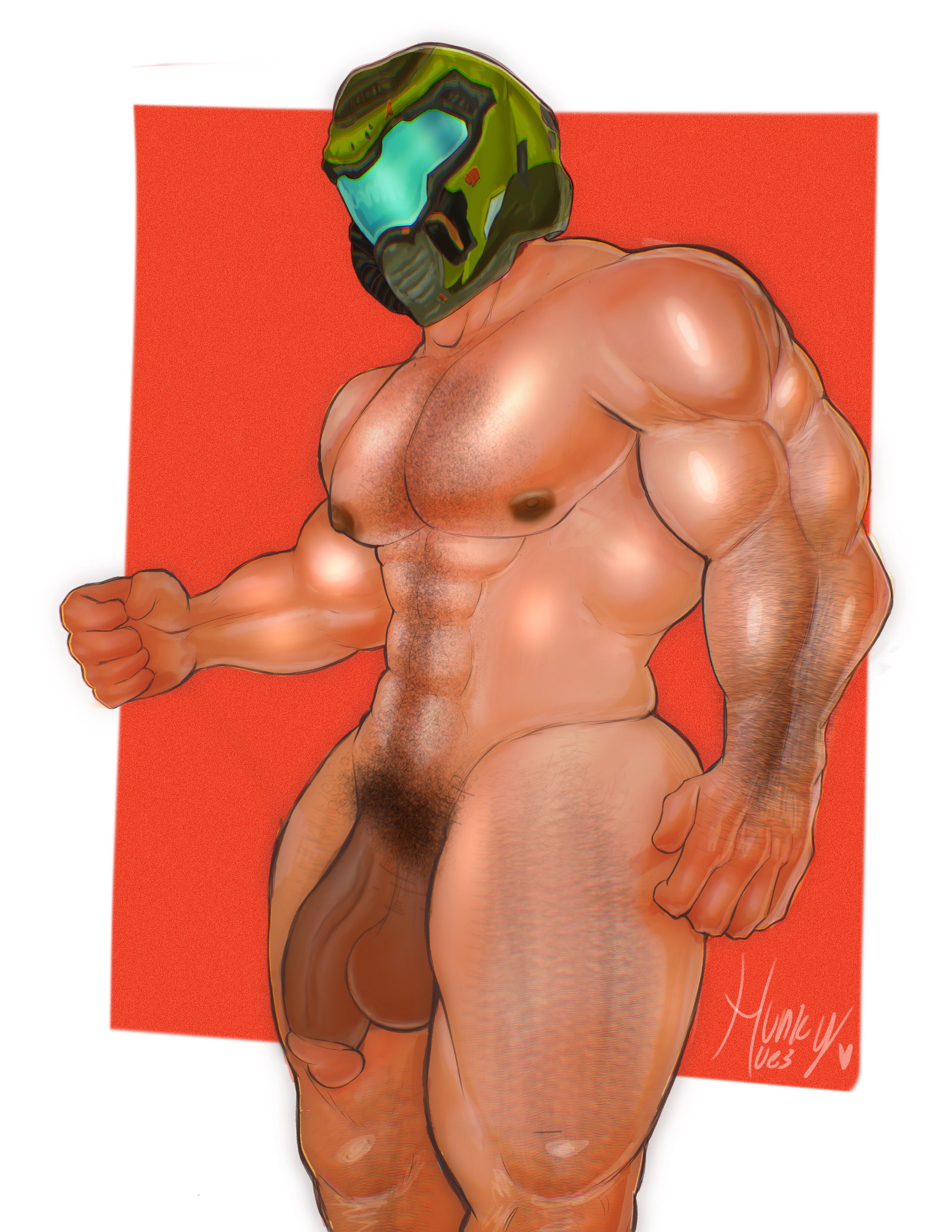 1boy, abs, arm hair, artist name, balls, bara, doom, doom slayer (doom), hunkyhuesnsfw, male, male focus, male only, muscular, muscular arms, muscular chest, muscular male, naked, nipples, nude, pecs, penis, pubic hair, solo, solo male, yaoi