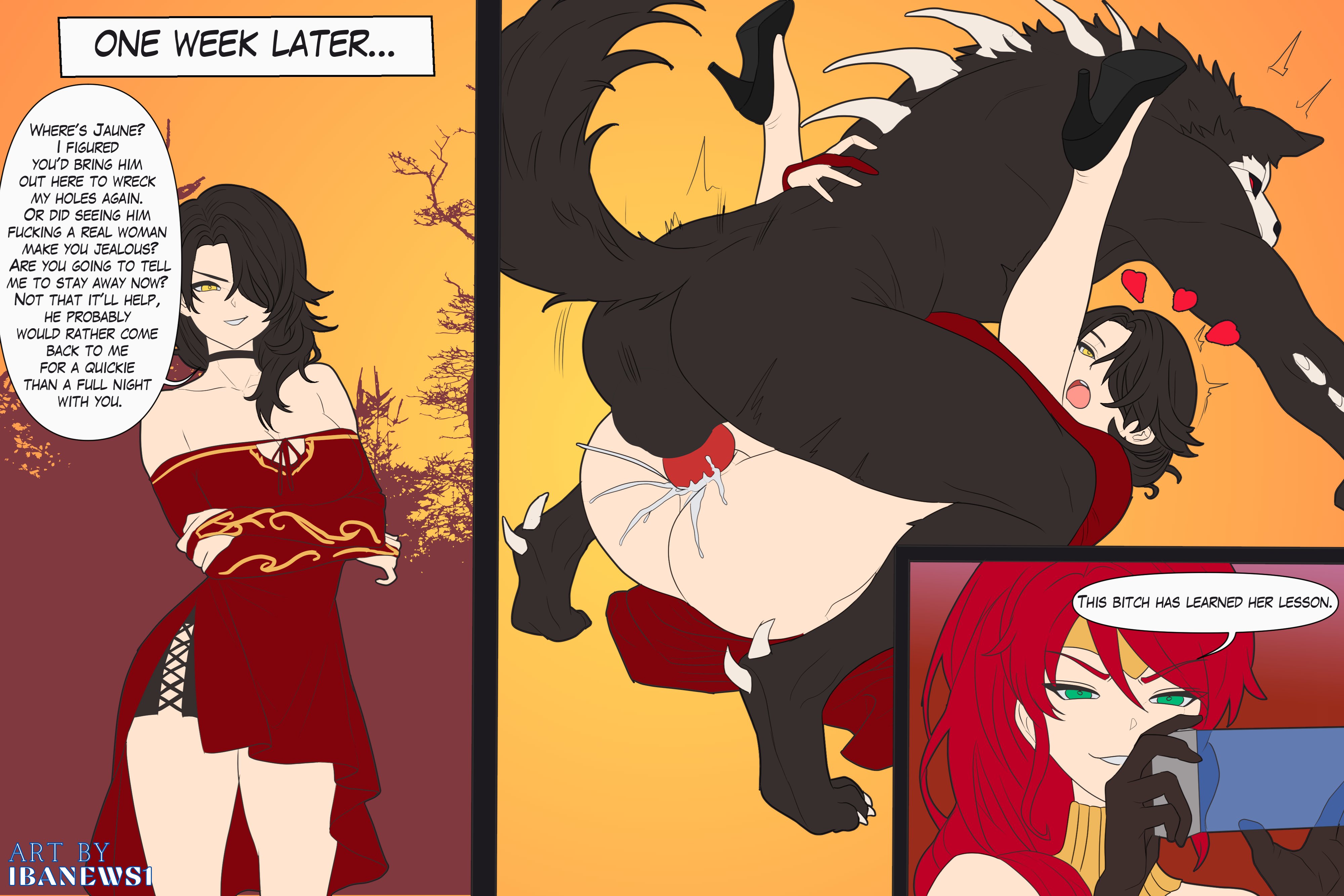 1boy, 1monster, 2girls, bangs, beowolf (rwby), black hair, choker, cinder fall, circlet, cleavage, corset, defeat, defeat sex, defeated, defeated villainess, dialogue, dress, english, english text, eyebrows visible through hair, female, femsub, feral, feral on female, filming, forced bestiality, forest, forest background, fucked silly, gorget, green eyes, grimm (rwby), high heels, high ponytail, ibanews1, instant loss, instant loss 2koma, interspecies, legs up, long hair, male, mating press, monster, ponytail, pyrrha nikos, rape, raped, raped villainess, recording, red hair, red sash, rwby, sash, shiny hair, shiny skin, sidelocks, speech bubble, story, villainess, zoophilia