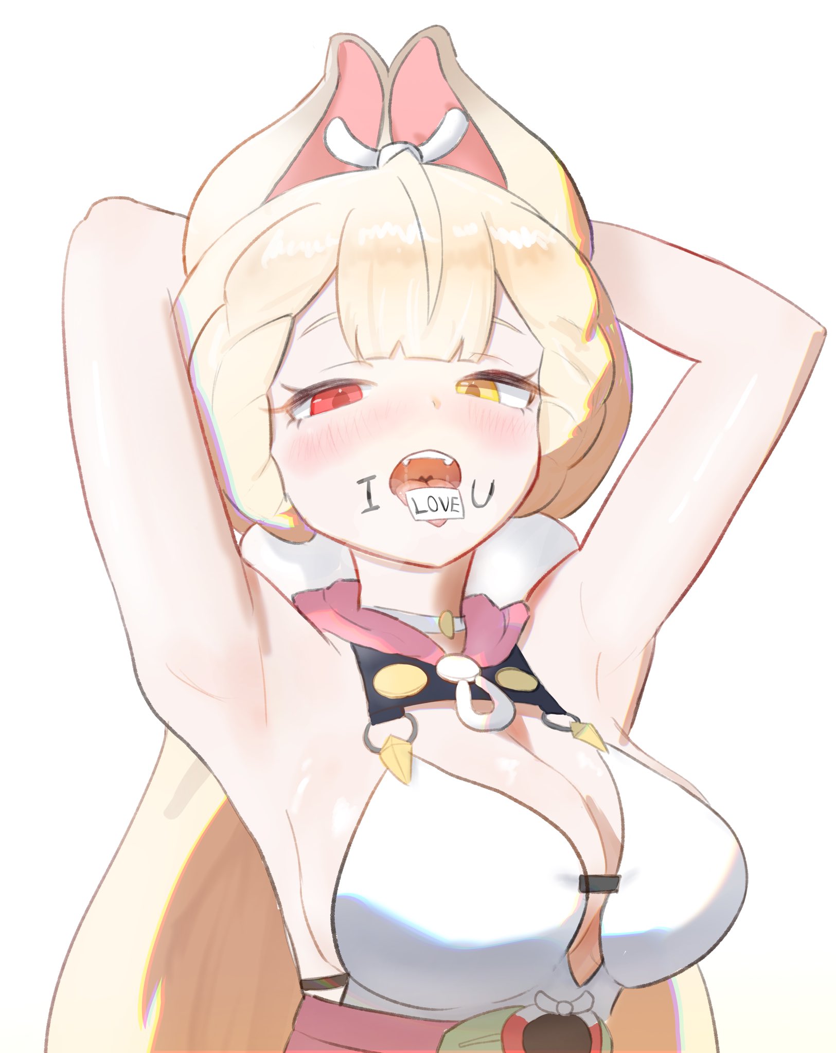 alice thymefield, alice thymefield (sea of thyme), animal ears, armpits, arms behind head, bare shoulders, blonde hair, blush, breasts, collar, drawing on own face, dress swimsuit, drooling, fangs, female, hair ornament, heterochromia, highres, kesiutu, long hair, looking at viewer, official alternate costume, one-piece swimsuit, paper, paper in mouth, rabbit ears, rabbit girl, red eyes, saliva, solo, sphere hair ornament, swimsuit, teeth, tongue, tongue out, twintails, white background, white one-piece swimsuit, yellow eyes, zenless zone zero