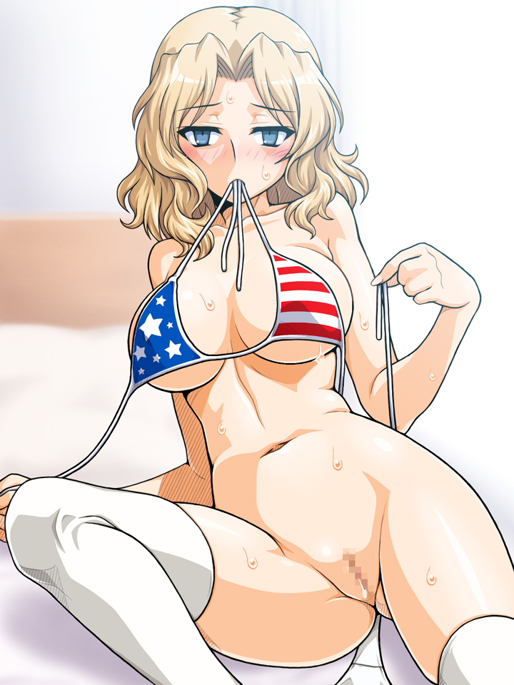 1girls, american flag, american flag bikini, american flag print, bed, bikini, blonde hair, blue eyes, blush, bottomless, breasts, censored, cleavage, female, female only, flag bikini, girls und panzer, kay (girls und panzer), large breasts, looking at viewer, mouth hold, navel, oosaka kanagawa, open mouth, pussy, pussy juice, schoolgirl, solo, sweat, swimsuit, thighhighs, topless female, unworn bikini