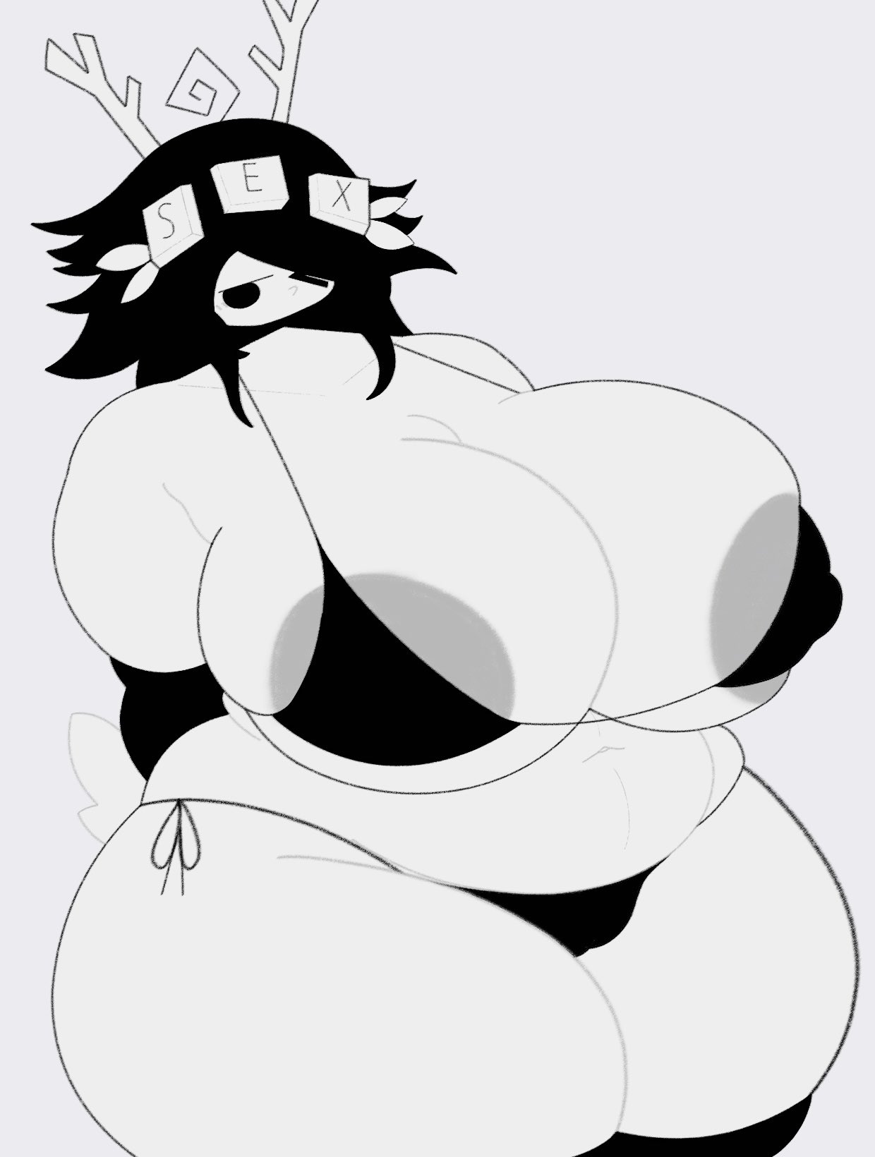 big ass, big breasts, breasts, breasts bigger than head, chubby, chubby female, female, female focus, female only, fundamental paper education, grimmigore, looking back, miss thavel (fundamental paper education), nipple bulge, solo, solo female, solo focus, string bikini, string panties, thick thighs, thighs, thighs bigger than head, wide hips