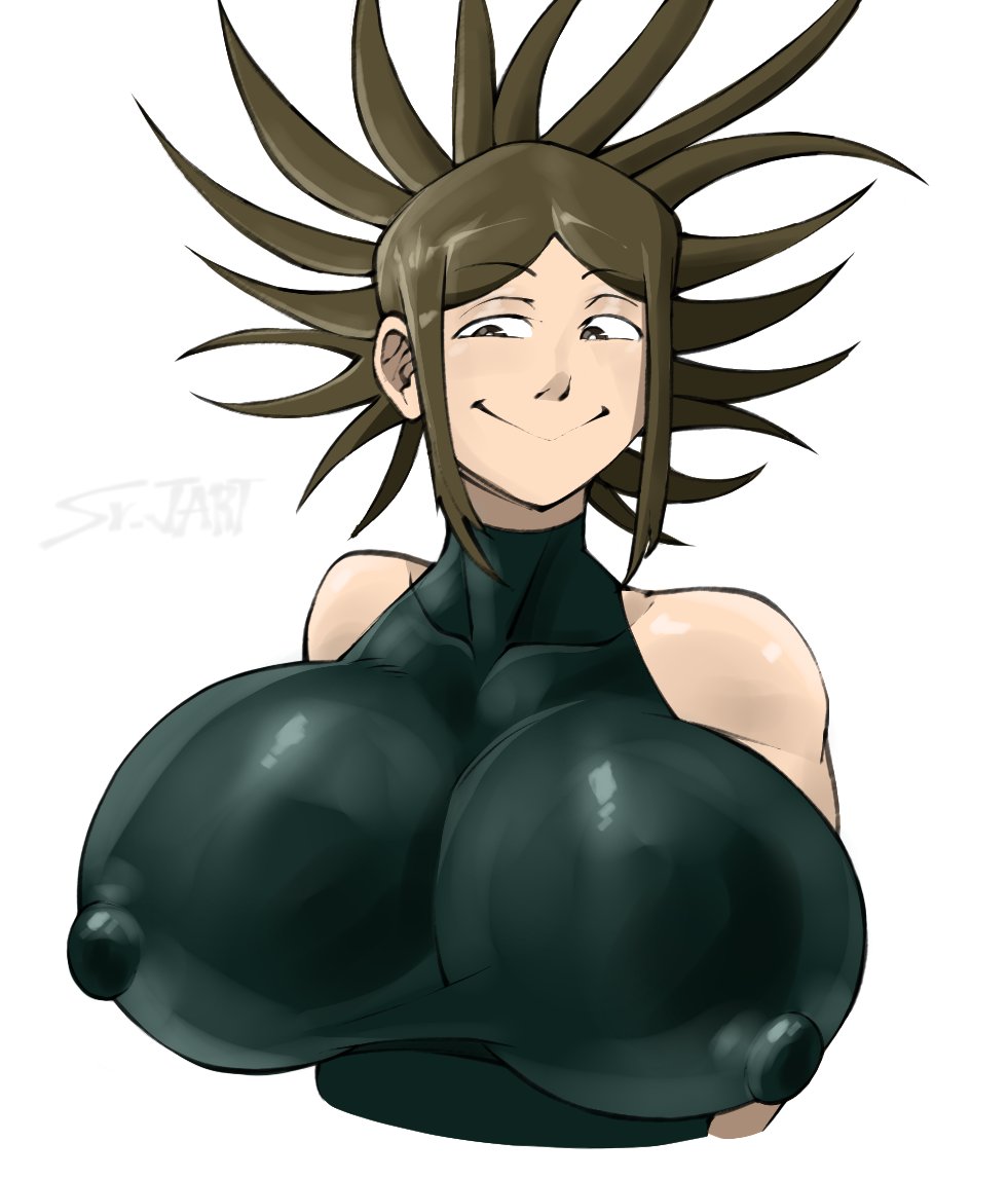 big breasts, big nipples, fushiguro tsumiki, huge breasts, jujutsu kaisen, nipples visible through clothing, simple background, skimpy, skimpy clothes, smile, srjrgart, tight clothing, yorozu (jujutsu kaisen)