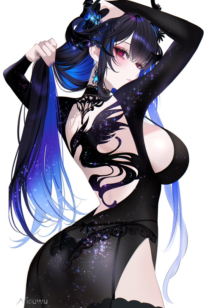 1girls, 707arisu, arms up, ass, back tattoo, backless dress, backless outfit, big ass, big breasts, black dress, black eyeliner, black hair, blue hair, blue nails, breasts, demon horns, dress, eyeliner, female, hololive, hololive english, hololive english -advent-, horns, large breasts, long hair, makeup, multicolored hair, nerissa ravencroft, panties visible through clothes, red eyes, side slit, simple background, solo, tattoo, thick thighs, thighs, two-tone hair, very long hair, virtual youtuber, white background