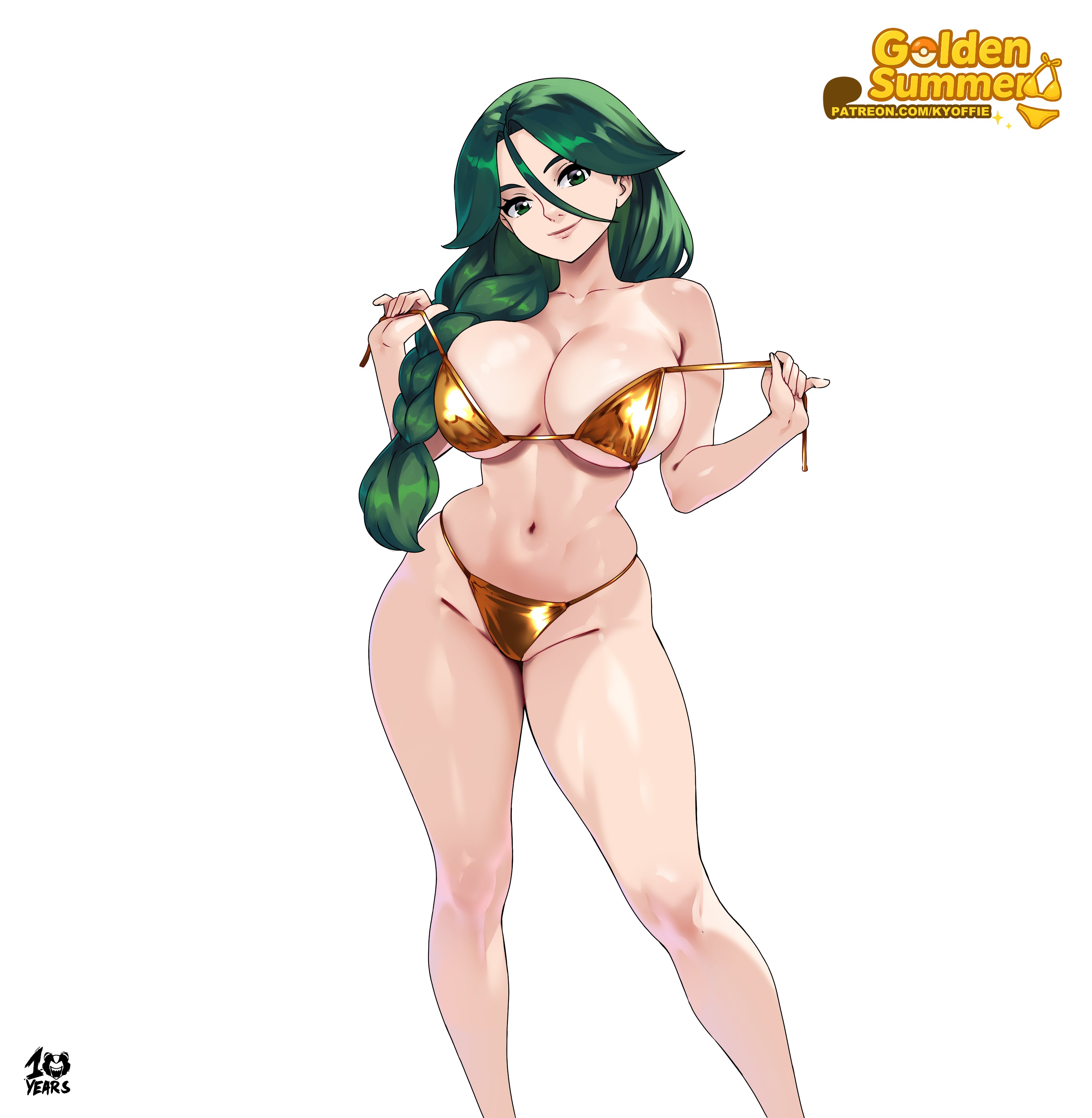 1girls, 2025, big breasts, breasts, cheryl (pokemon), female, female only, game freak, gold bikini, green eyes, green hair, green-haired female, kyoffie, looking at viewer, nintendo, pale skin, pale-skinned female, patreon, patreon logo, pokemon, pokemon dppt, swimwear, thick thighs, watermark, white background