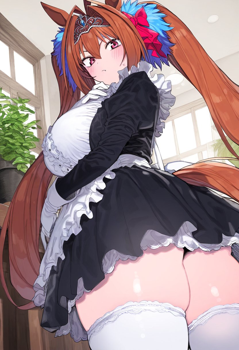 ai generated, animal ears, big thighs, breasts, daiwa scarlet (umamusume), female, hips, horse girl, maid uniform, pussy, red eyes, ribbon in hair, thighs, tiara, twintails, umamusume, umamusume pretty derby