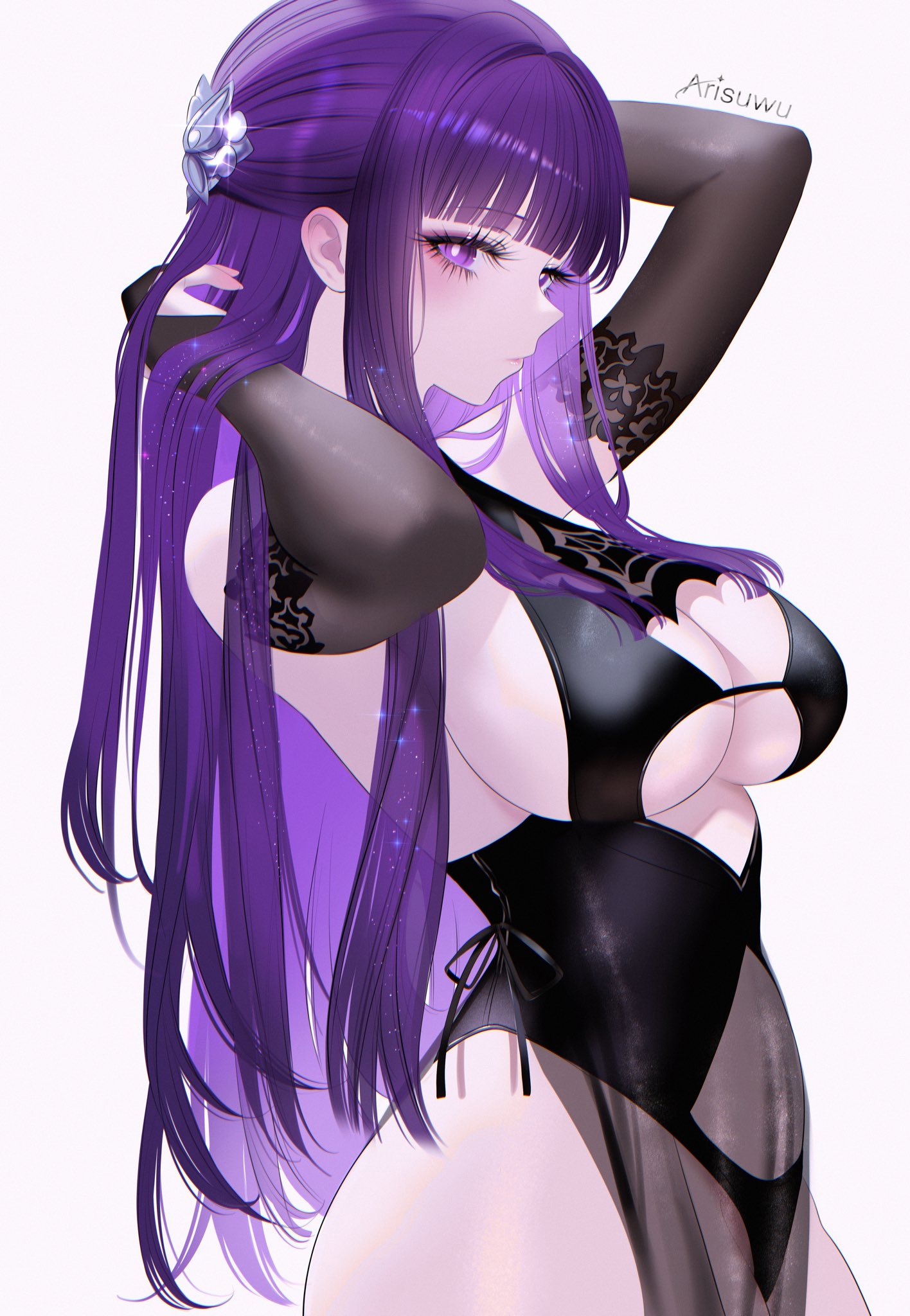 707arisu, arms up, black dress, breasts, cleavage cutout, closed mouth, clothing cutout, cowboy shot, dress, elbow gloves, female, fern (sousou no frieren), gloves, highres, large breasts, long hair, pelvic curtain, purple eyes, purple hair, simple background, solo, sousou no frieren, stomach cutout, straight hair, very long hair