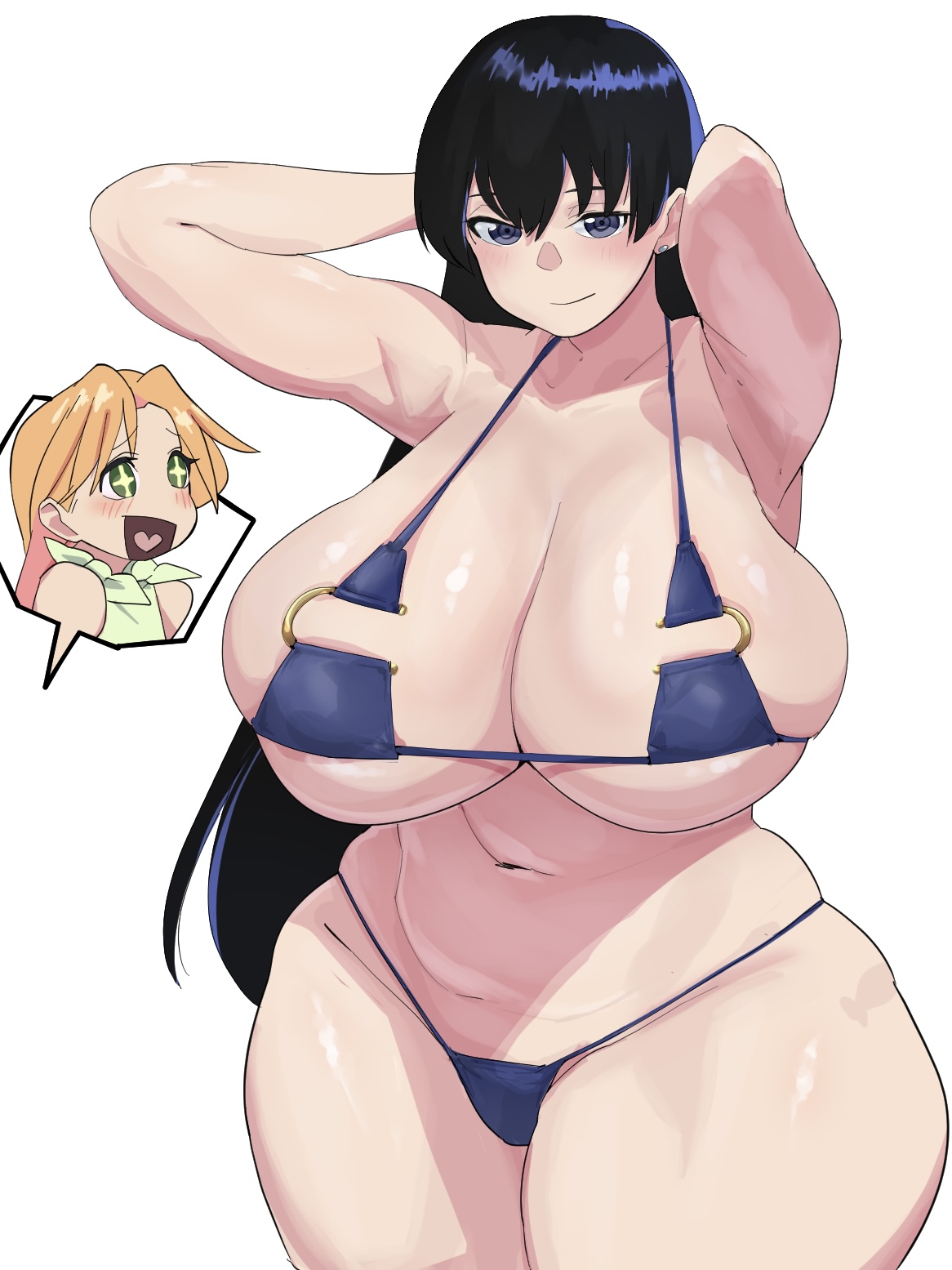 2girls, arato nagi, armpits, arms behind head, breasts, closed mouth, curvy, female, fit female, florida bikini, gigantic breasts, light smile, milf, multiple females, multiple girls, qaz shibashi, ruri no houseki, sparkling eyes, tanigawa ruri, thick thighs, voluptuous, wide hips