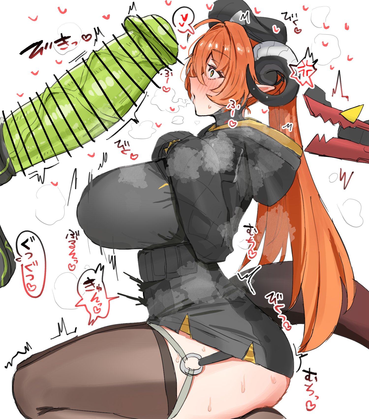 1girls, absurdres, animal penis, ass, big ass, big breasts, big penis, big thighs, black hat, black shrug, blush, breasts, butt, censor bar, censored, closed mouth, dialogue, ethereal (zenless zone zero), female, gigantic penis, gloves, goat horns, green eyes, hat, highres, horn/wood, horns, horse penis, horsecock, hoyoverse, huge ass, huge breasts, huge penis, huge thighs, imminent sex, light-skinned female, long hair, looking at penis, magus (zenless zone zero), male, monster, monster cock, orange hair, orphie magnusson, penis, penis awe, shrug (clothing), sweat, sweatdrop, sweating, tagme, text, thick thighs, thighhighs, thighs, twintails, zenless zone zero, zoophilia