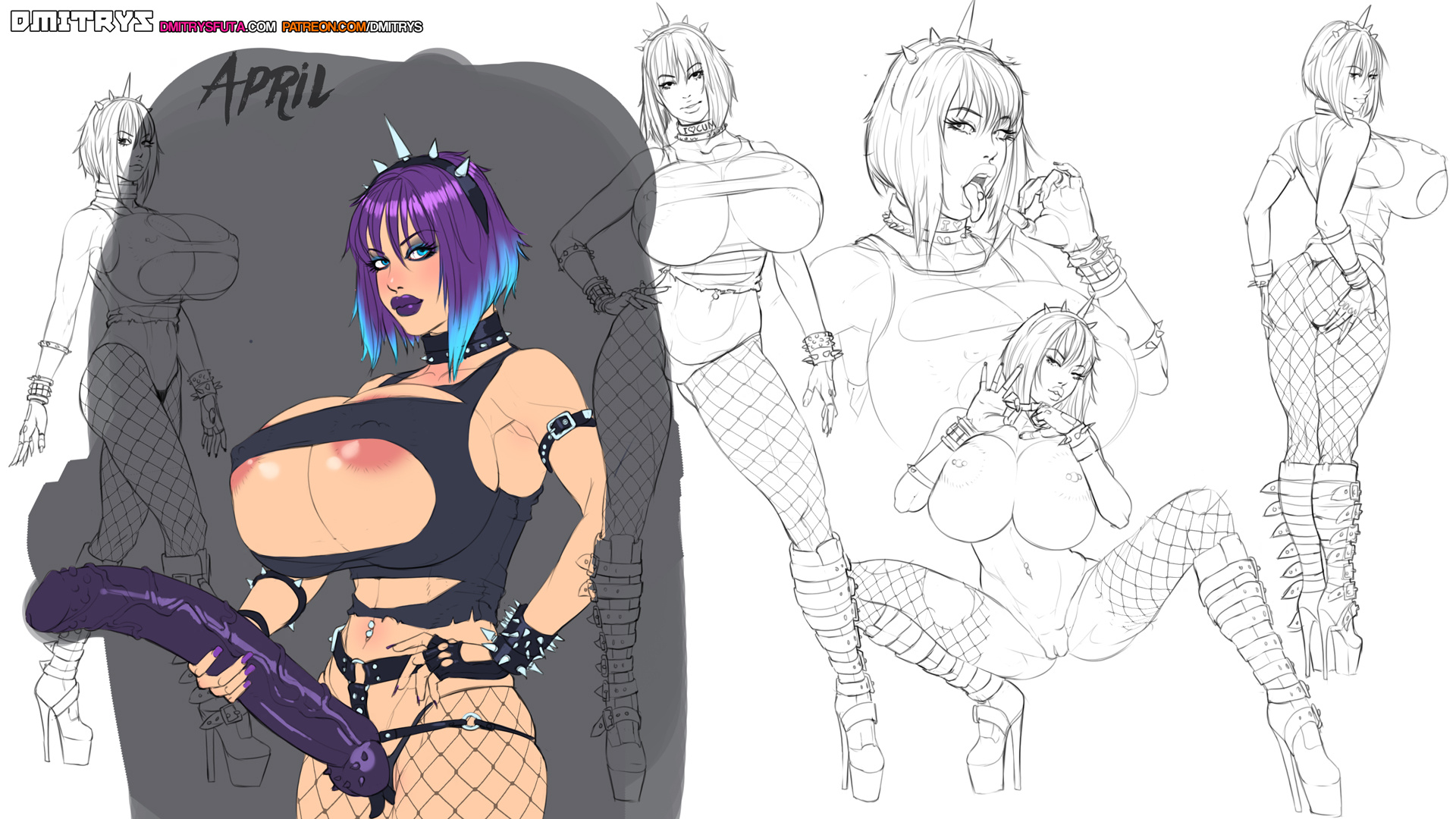 april (dmitrys), bolt on tits, breast implants, breasts, choker, dmitrys, enhanced breasts, fake breasts, female, female only, fishnet, goth, huge breasts, original, original character, piercing, silicone, silicone implants, strap-on, strapon, thong