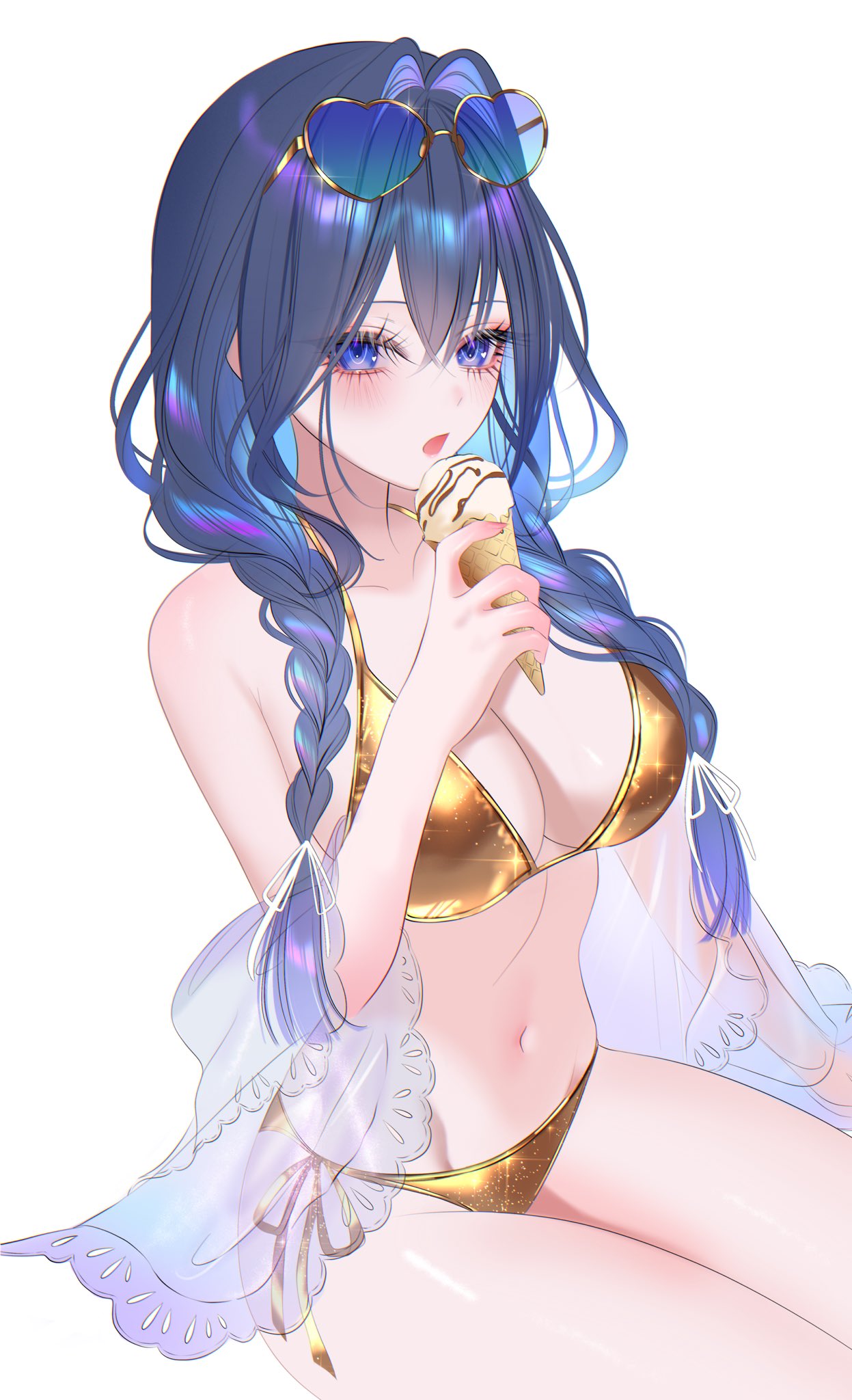 707arisu, alternate costume, bikini, blue eyes, blue hair, blue-tinted eyewear, blush, braid, breasts, cleavage, collarbone, commentary, crossed bangs, double-parted bangs, eyelashes, eyewear on head, female, food, glint, gold bikini, golden week, hair between eyes, hair ribbon, heart, heart-shaped eyewear, highres, holding, holding ice cream cone, hololive, hololive english, hololive english -council-, hololive english -promise-, ice cream, ice cream cone, large breasts, long hair, looking at viewer, low twin braids, navel, official alternate hairstyle, open mouth, ouro kronii, ouro kronii (maid), ribbon, see-through clothes, see-through shawl, shawl, shiny clothes, side-tie bikini bottom, simple background, sitting, solo, stomach, sunglasses, swimsuit, tinted eyewear, twin braids, virtual youtuber, white background, white shawl