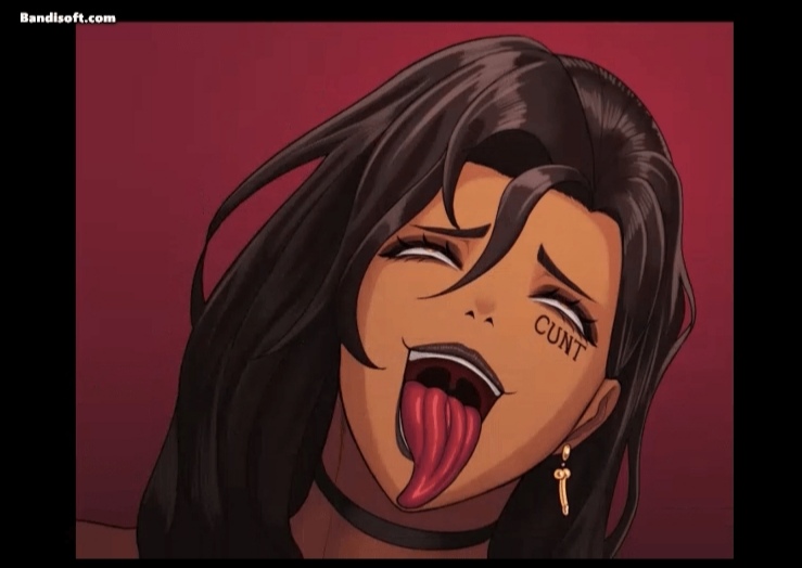 1girls, ahe gao, black hair, choker, cropped, cropped image, dark-skinned female, earrings, eyes rolling back, female, female only, freyja (kingbang), fuckmeat (kingbang), kingbang, meme, pleasure face, rumi sniffing gimbap, sniffing, solo, solo female, solo focus, tan body, tattoo, tattoo on face, tongue, tongue out, web address, yellow eyes