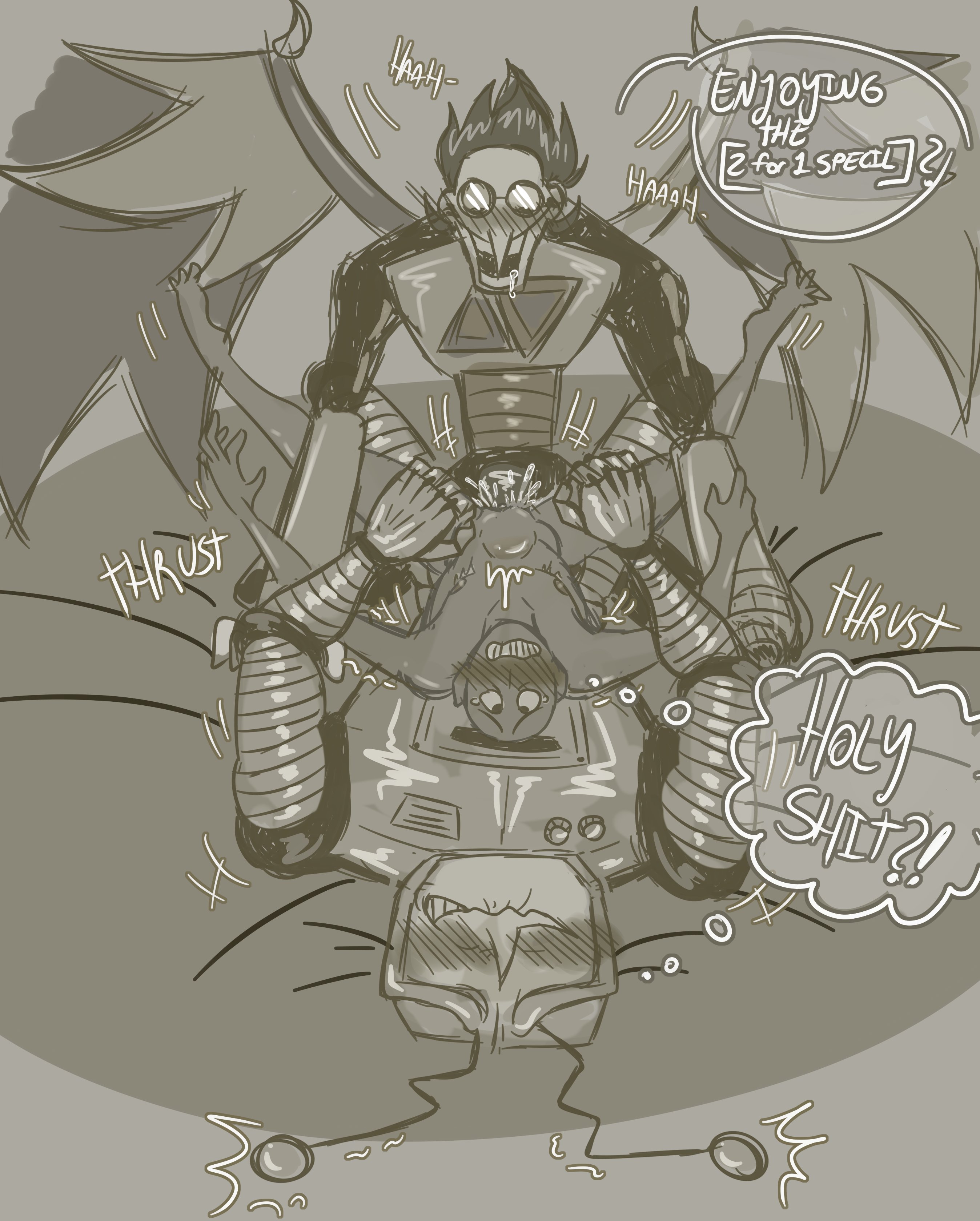 antennae (anatomy), belly bulge, deltarune, double penetration, letttusse, oc x canon, robot humanoid, self insert, size difference, spamton g spamton, spamton neo, tenna (deltarune), text, text bubble, threesome, wings, y/n