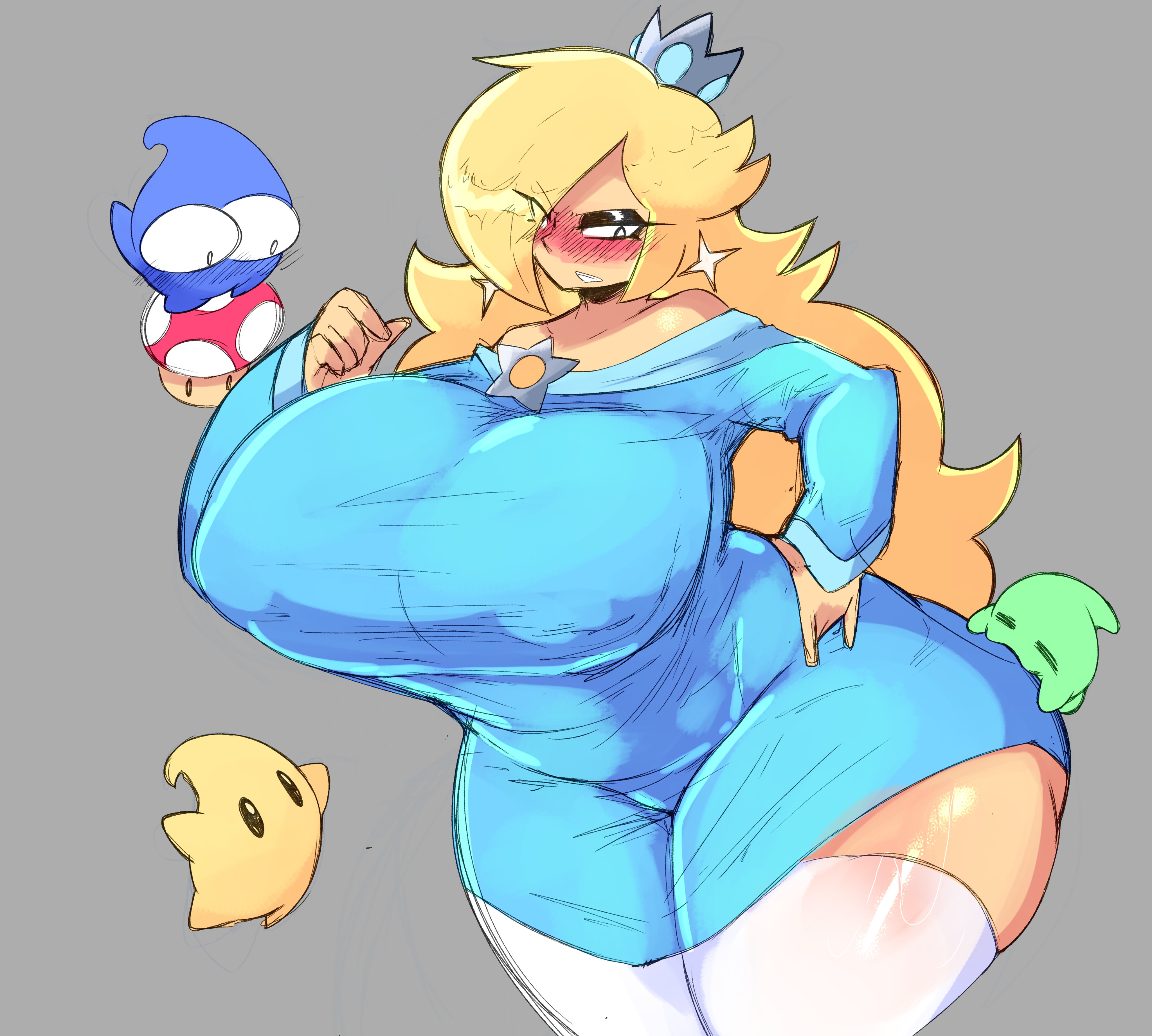 blonde hair, blush, breasts, clothed, curvy, female, gardegu, huge breasts, luma, mario (series), milf, mushroom, nipple bulge, princess rosalina, thick thighs, tight clothing, voluptuous, wide hips