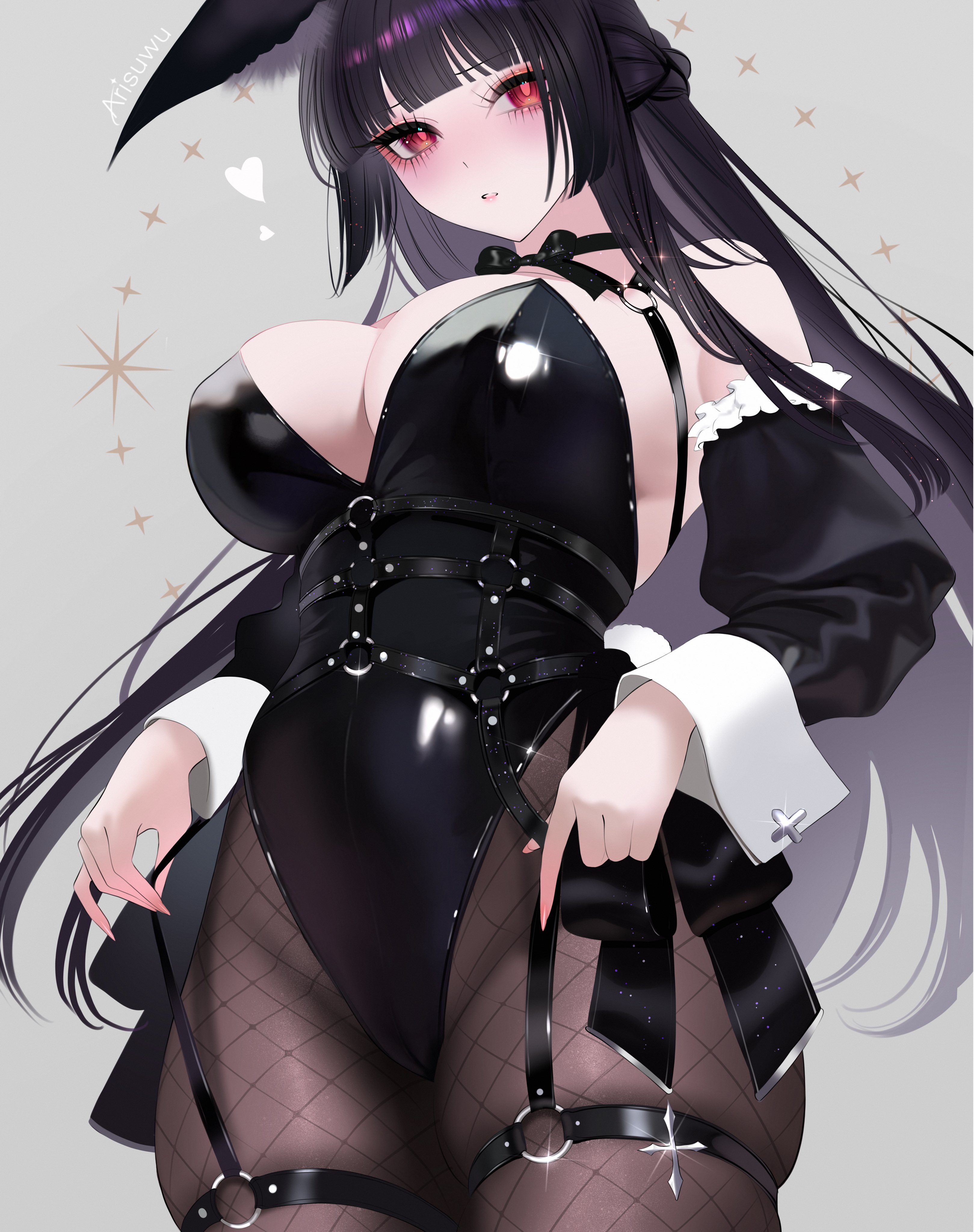 707arisu, absurdres, alternate costume, animal ear fluff, animal ears, bare shoulders, black hair, black leotard, black pantyhose, breasts, bunny ears, bunnysuit, commentary, cowboy shot, detached sleeves, female, fingernails, fishnet pantyhose, fishnets, fox ears, fox girl, heart, highleg, highleg leotard, highres, hoshimi miyabi, large breasts, leotard, long fingernails, long hair, looking at viewer, pantyhose, parted lips, red eyes, signature, simple background, skindentation, solo, very long hair, white background, zenless zone zero